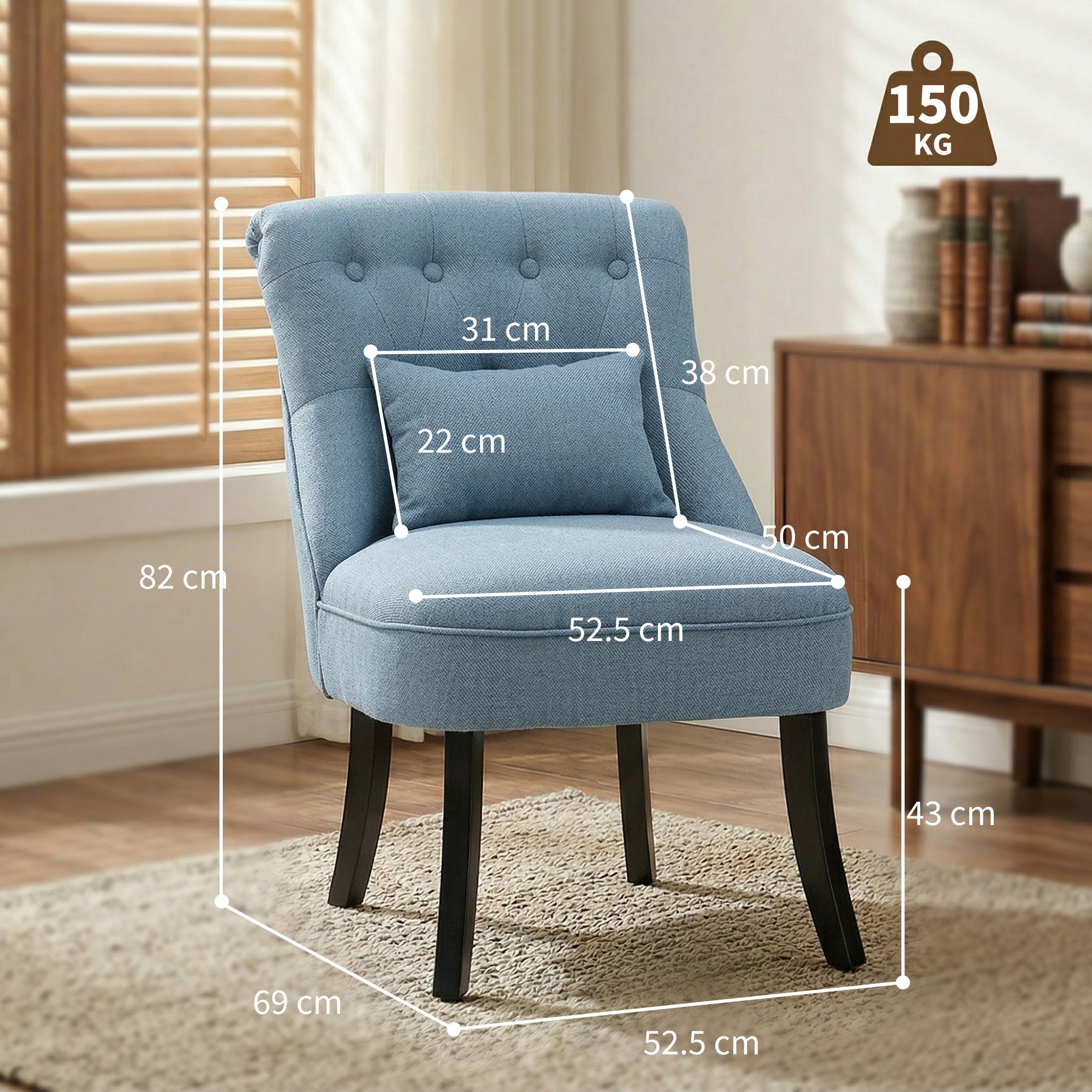 HOMCOM Fabric Single Sofa Dining Chair Tub Chair Upholstered W/ Pillow Solid Wood Leg Home Living Room Furniture Blue