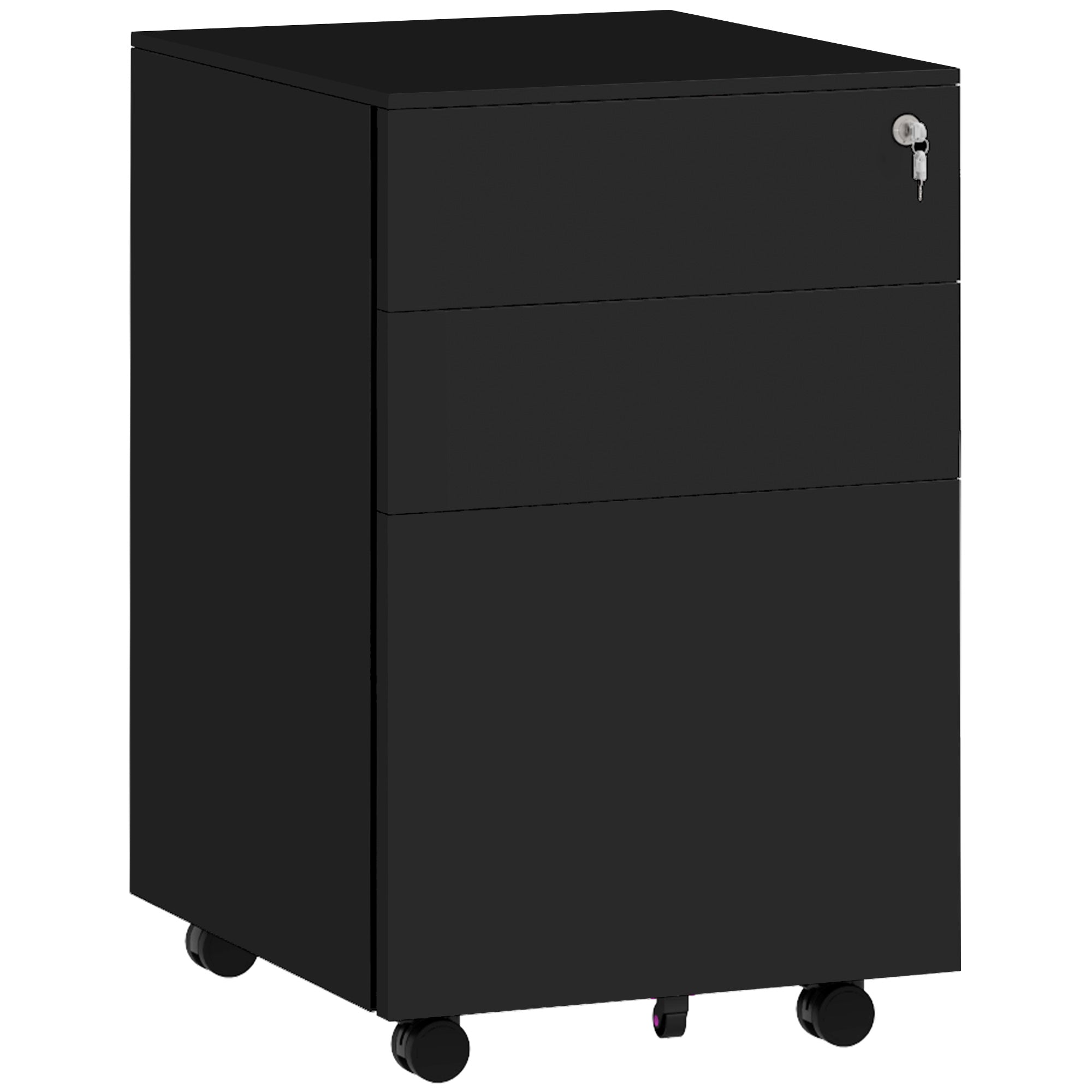 Vinsetto 3-Drawer Vertical Filing Cabinet with Pencil Tray, Lock and 5 Wheels, Steel Mobile File Cabinet, for A4, Legal and Letter Size, Pre-Assembled Body, Black - North Peak Garden Furniture