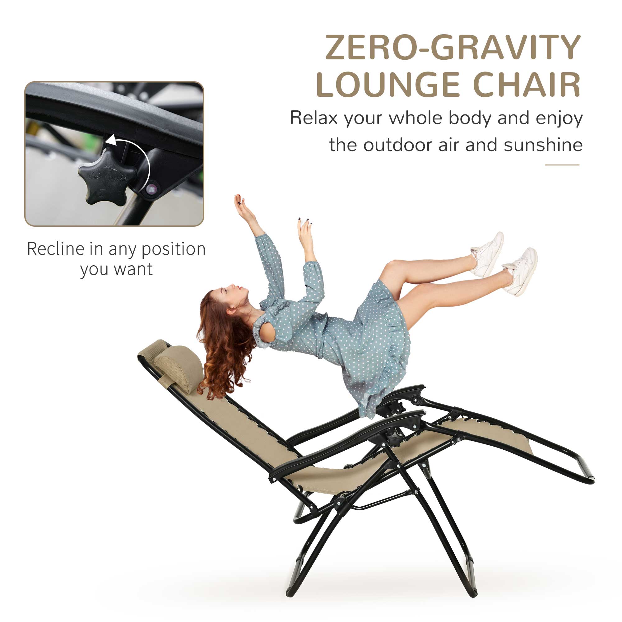 Outsunny 3pcs Folding Zero Gravity Chairs Sun Lounger Table Set w/ Cup Holders Reclining Garden Yard Pool, Beige - North Peak Garden Furniture