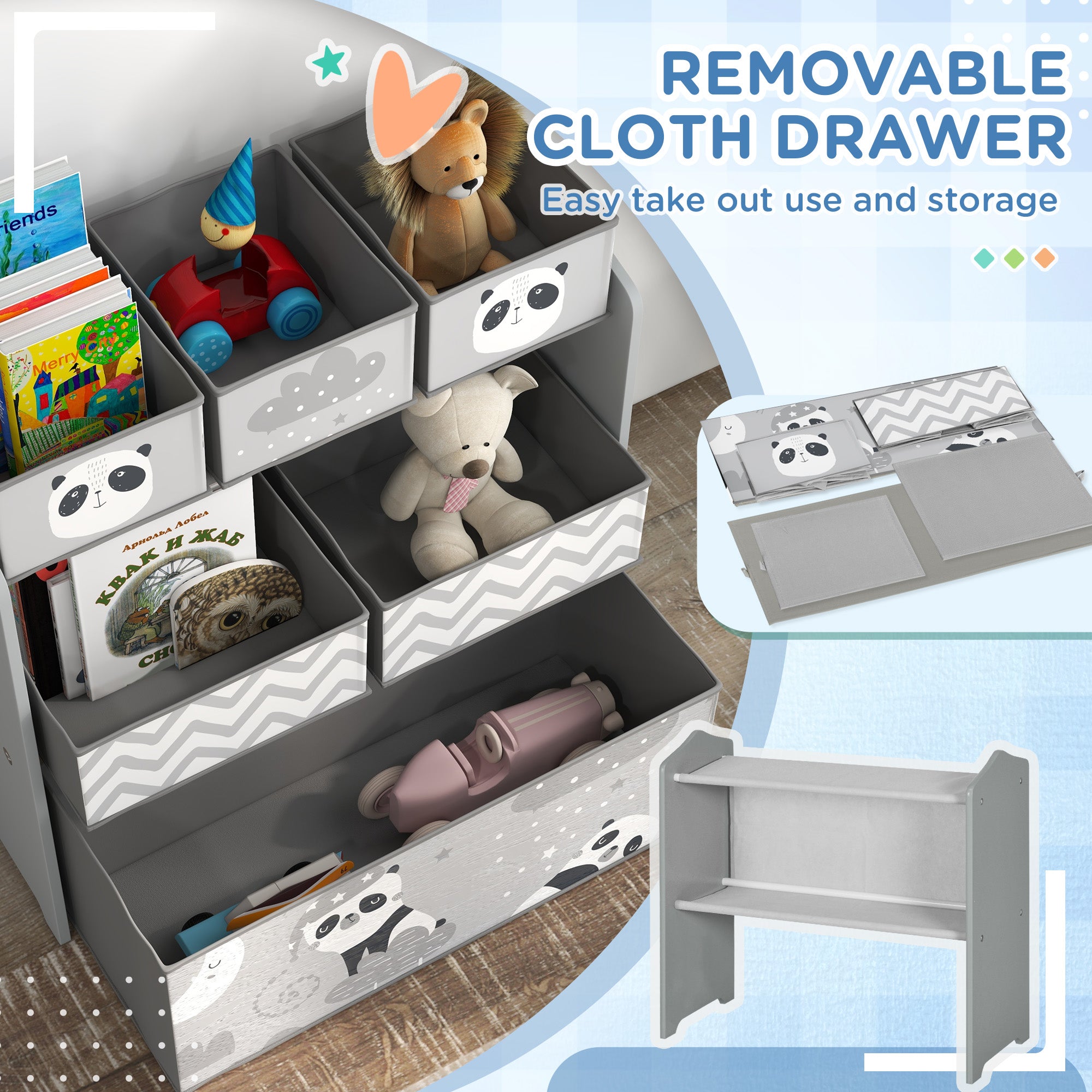 ZONEKIZ Kids Storage Unit, Toy Storage Organiser, with Six Fabric Bins, for Bedrooms, Playrooms, Nurseries - Grey - North Peak Garden Furniture