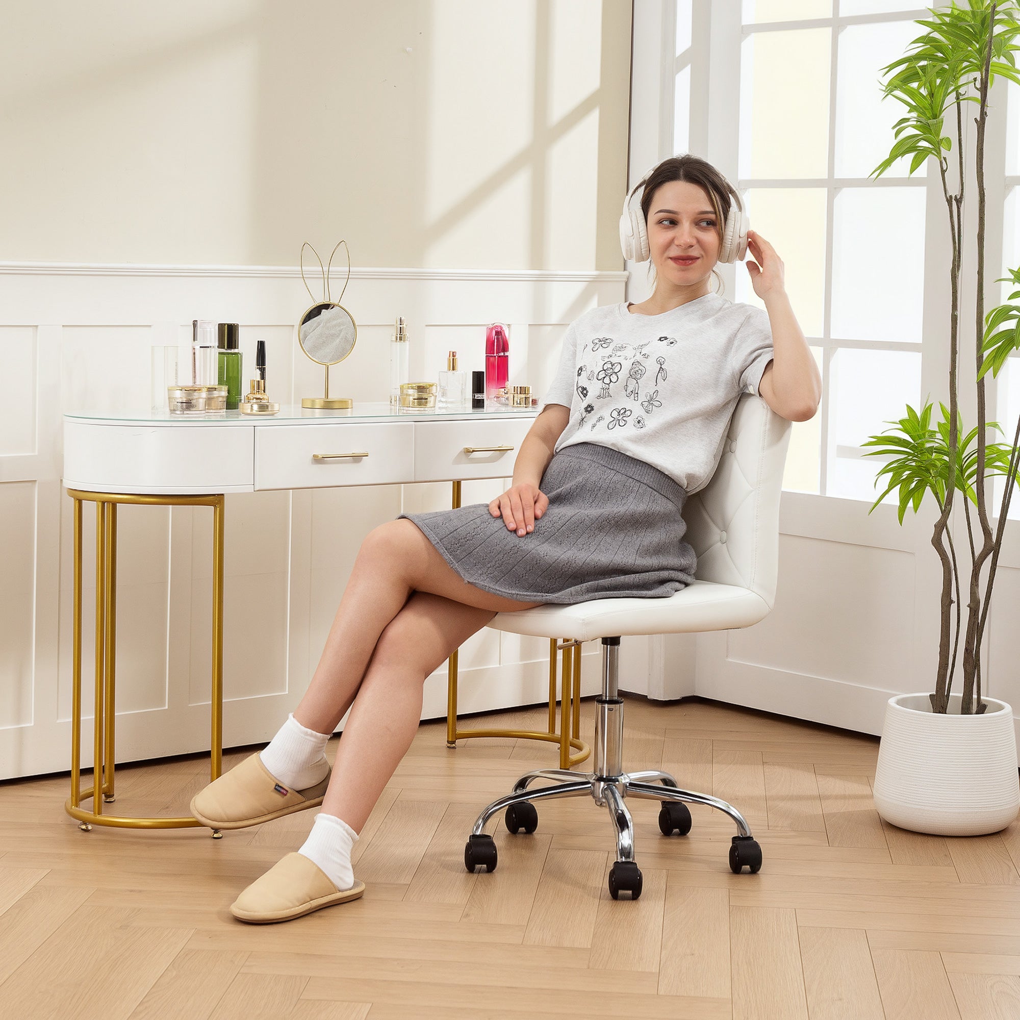 HOMCOM PU Leather Armless Office Chair, Modern Vanity Computer Swivel Chair with Rolling Wheels and Adjustable Height for Home Study, Bedroom, White - North Peak Garden Furniture
