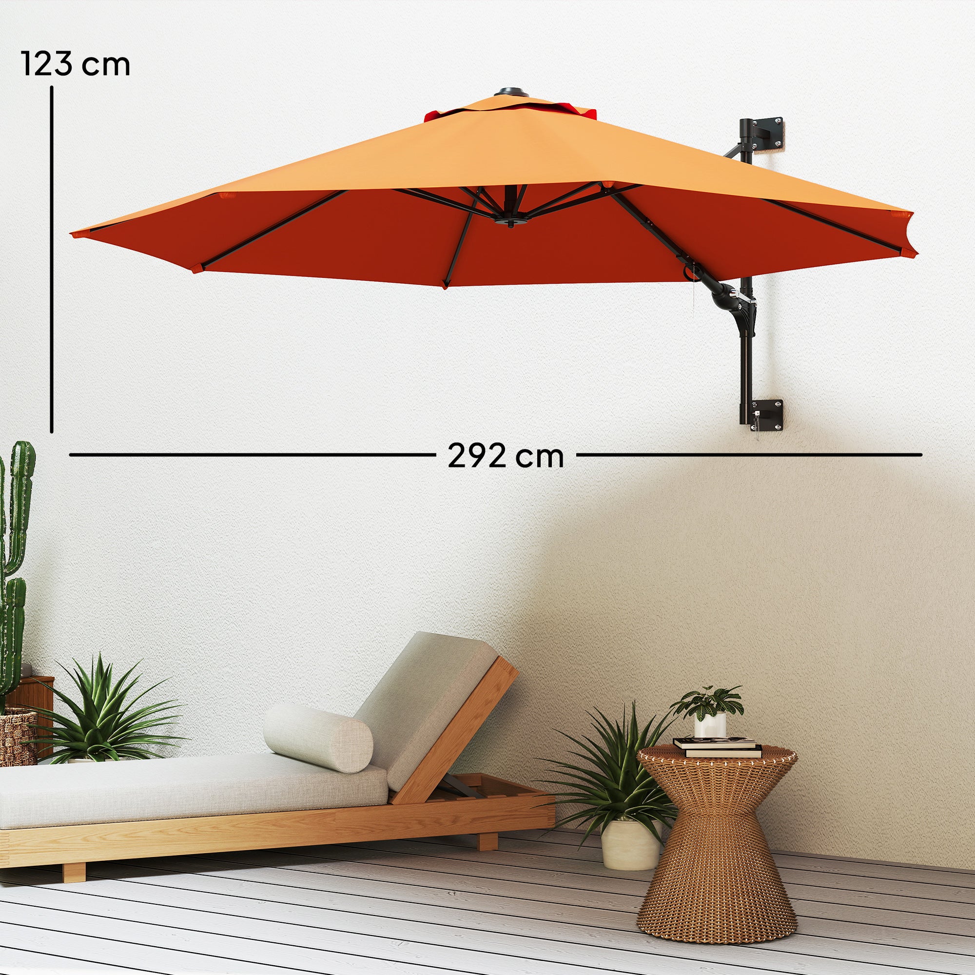 Outsunny 3(m) Wall-Mounted Parasol Shade, with Handle - Orange - North Peak Garden Furniture
