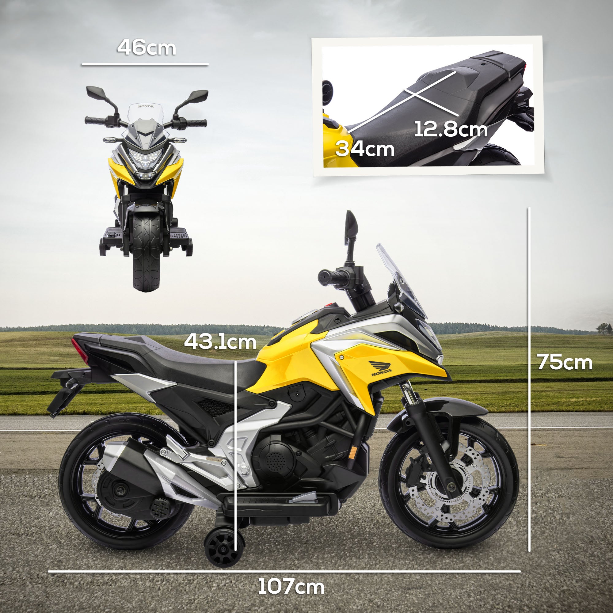AIYAPLAY 12V Honda Licensed Kids Electric Motorbike w/ Music, Headlights, Early Education Function, for Ages 3-6 Years, Yellow - North Peak Garden Furniture