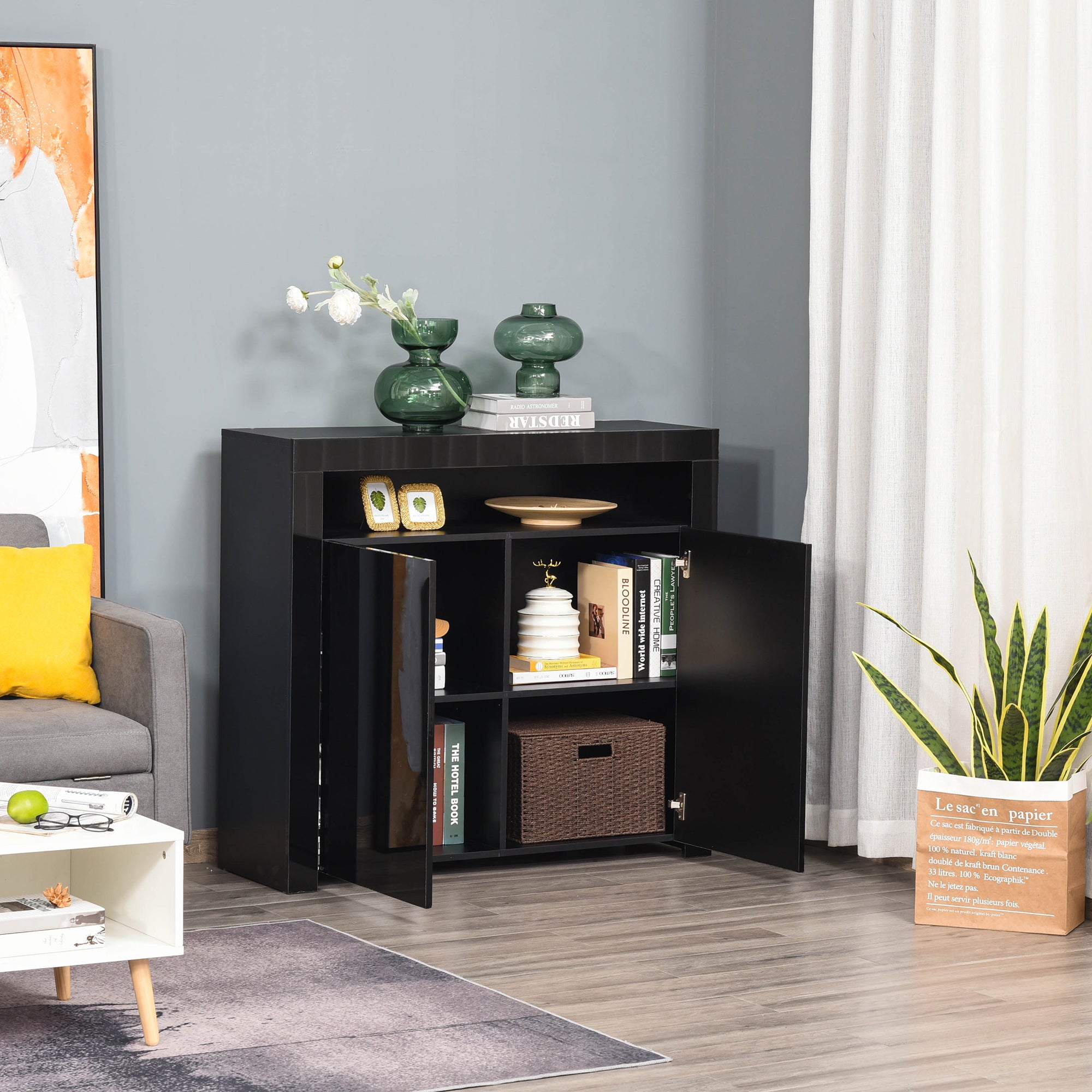 HOMCOM LED Storage Cabinet, Cupboard with High Gloss Front and RGB Lighting, Modern Sideboard for Entryway, Dining Area, Living Room, Black - North Peak Garden Furniture