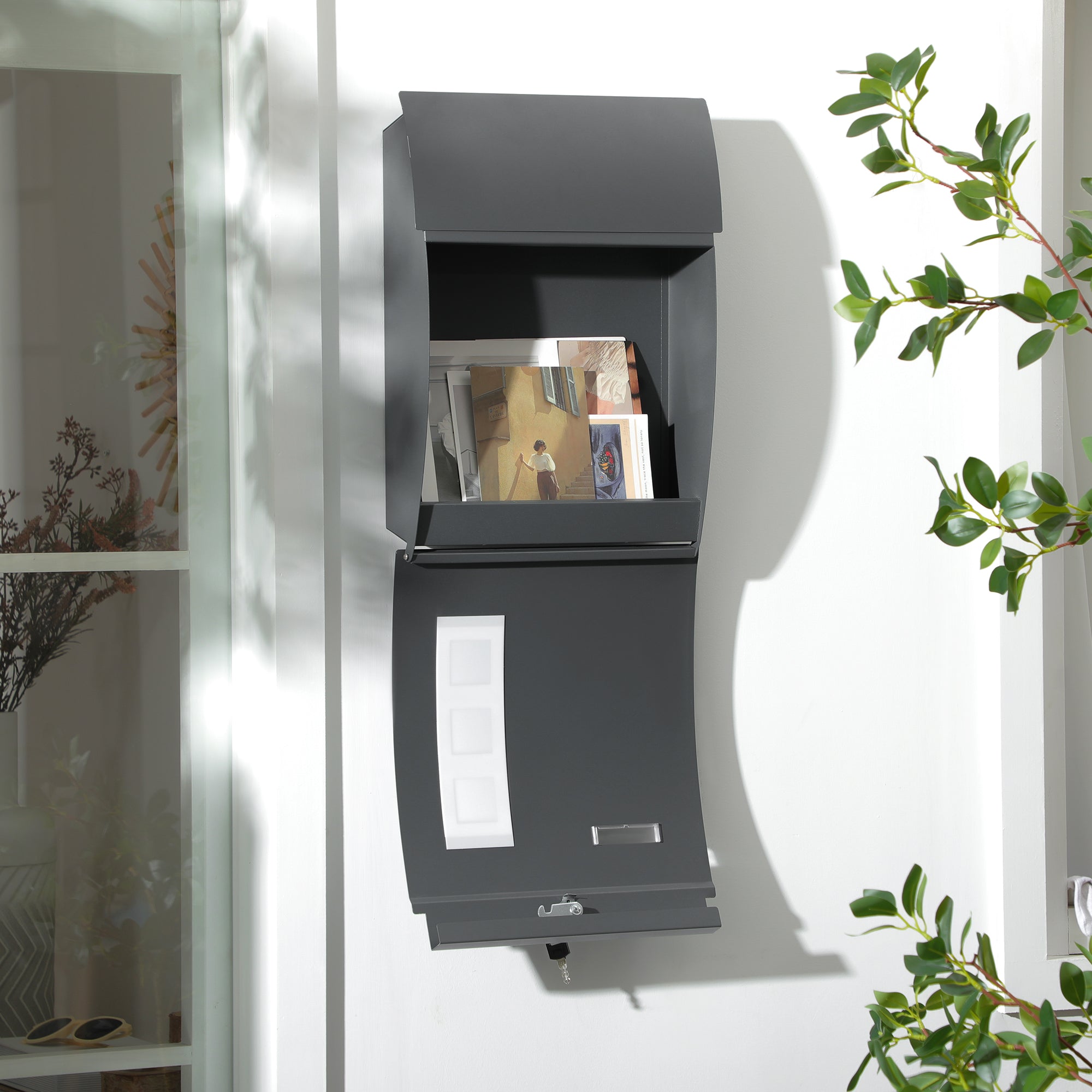 HOMCOM Wall Mounted Letter Box, Weatherproof Post Box for Outside Wall, Modern Mailbox with 2 Keys and Nameplate, Anthracite Grey - North Peak Garden Furniture