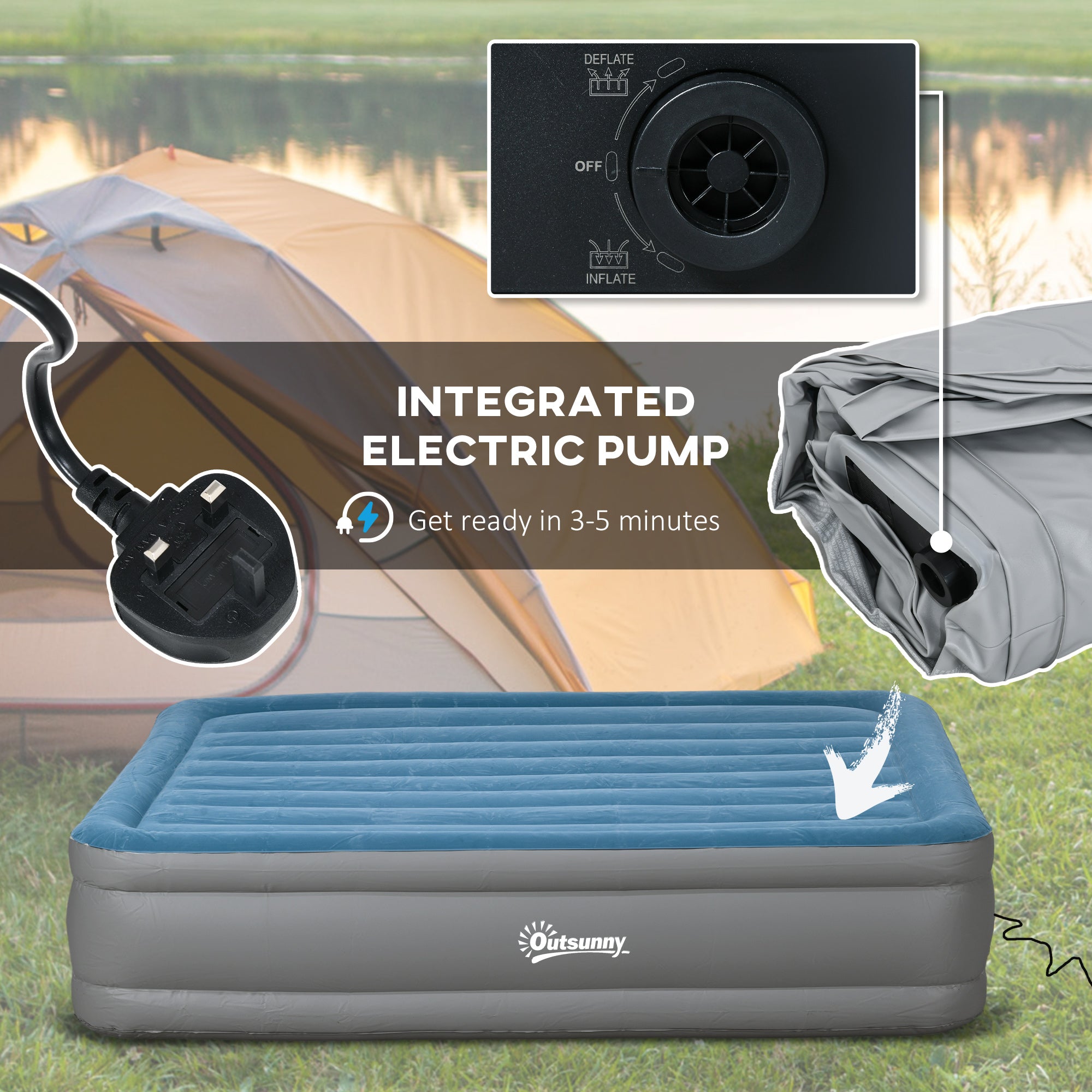 Outsunny King-Size Inflatable Mattress, with Built-In Electric Pump and Bag - North Peak Garden Furniture
