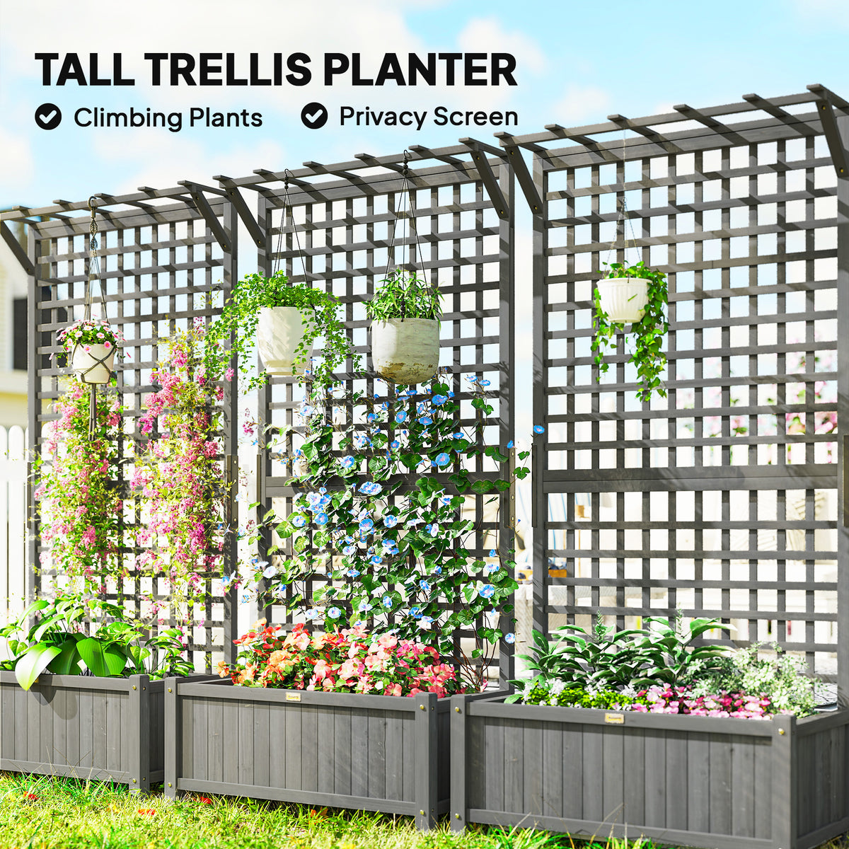 Outsunny Raised Bed with Drainage Holes, Wood Planter with Trellis for Climbing Plants to Grow Vegetables, Flowers, Dark Grey