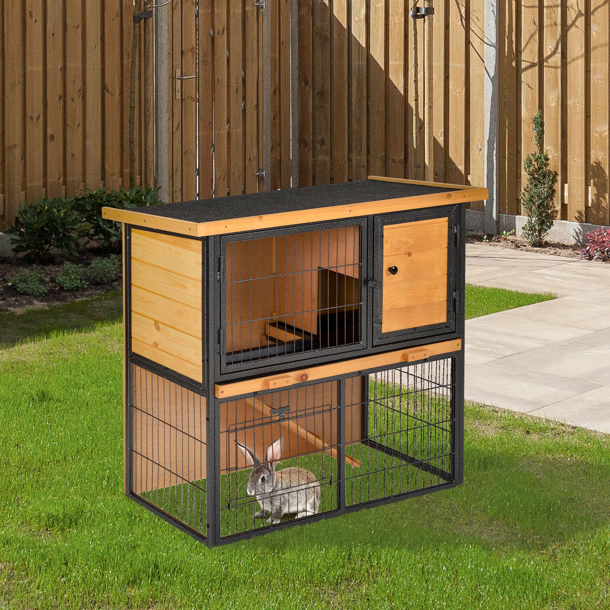 PawHut Wood-metal Rabbit Hutch Elevated Pet House Bunny Cage with Slide-Out Tray Asphalt Openable Roof Lockable Door Outdoor | Aosom UK