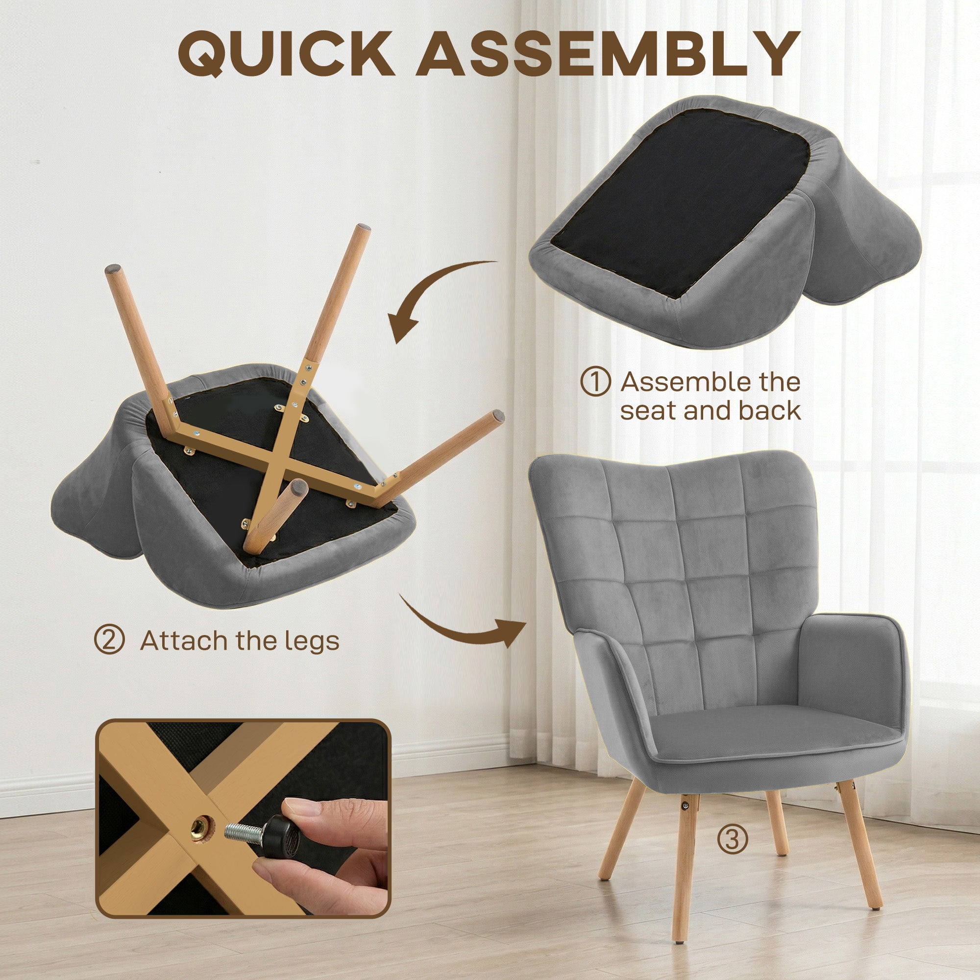 HOMCOM Modern Accent Chair Velvet-Touch Tufted Wingback Armchair Upholstered Leisure Lounge Sofa Club Chair with Wood Legs, Grey