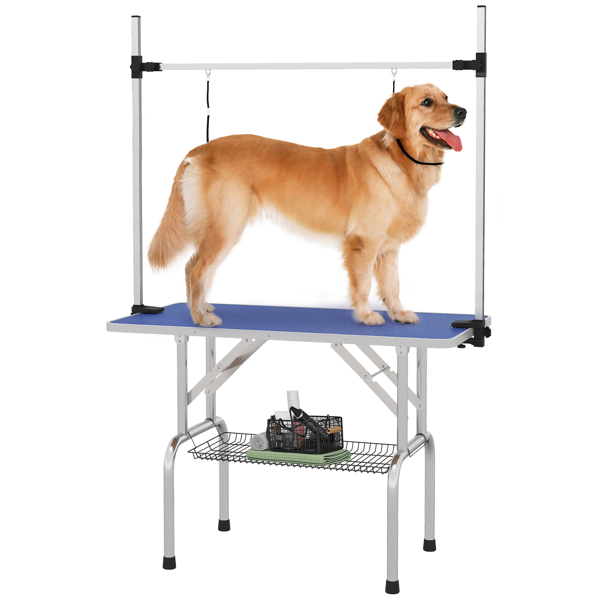 PawHut 42" Dog Grooming Table Adjustable Pet Cat Drying Beauty Table Rubber Top with 2 Loops Storage Basket Metal Blue