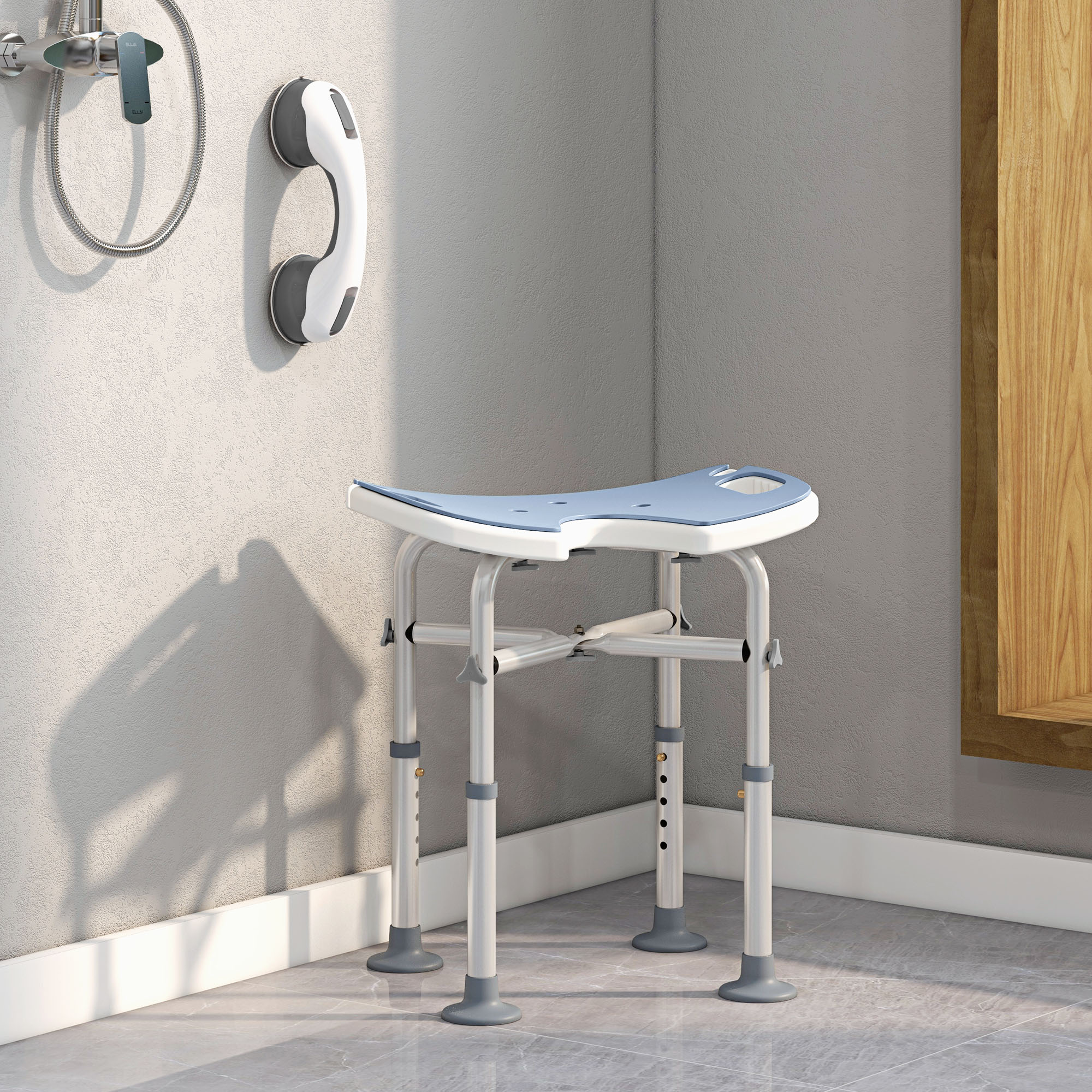 HOMCOM 39-51.5cm 'U' Seat Padded Shower Stool - Light Blue - North Peak Garden Furniture