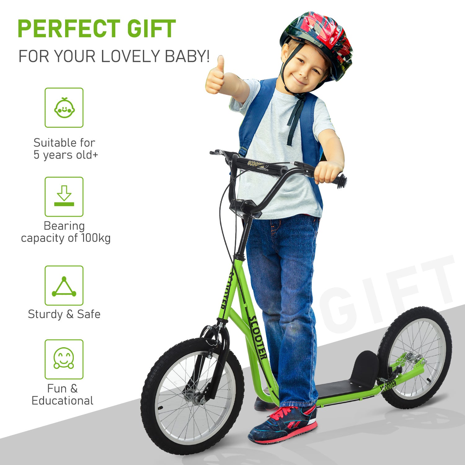 HOMCOM Kick Scooters for Kids with Adjustable Height, Anti-Slip Deck, Dual Brakes, Rubber Tyres, for Boys and Girls Aged 5+ Years Old - Green