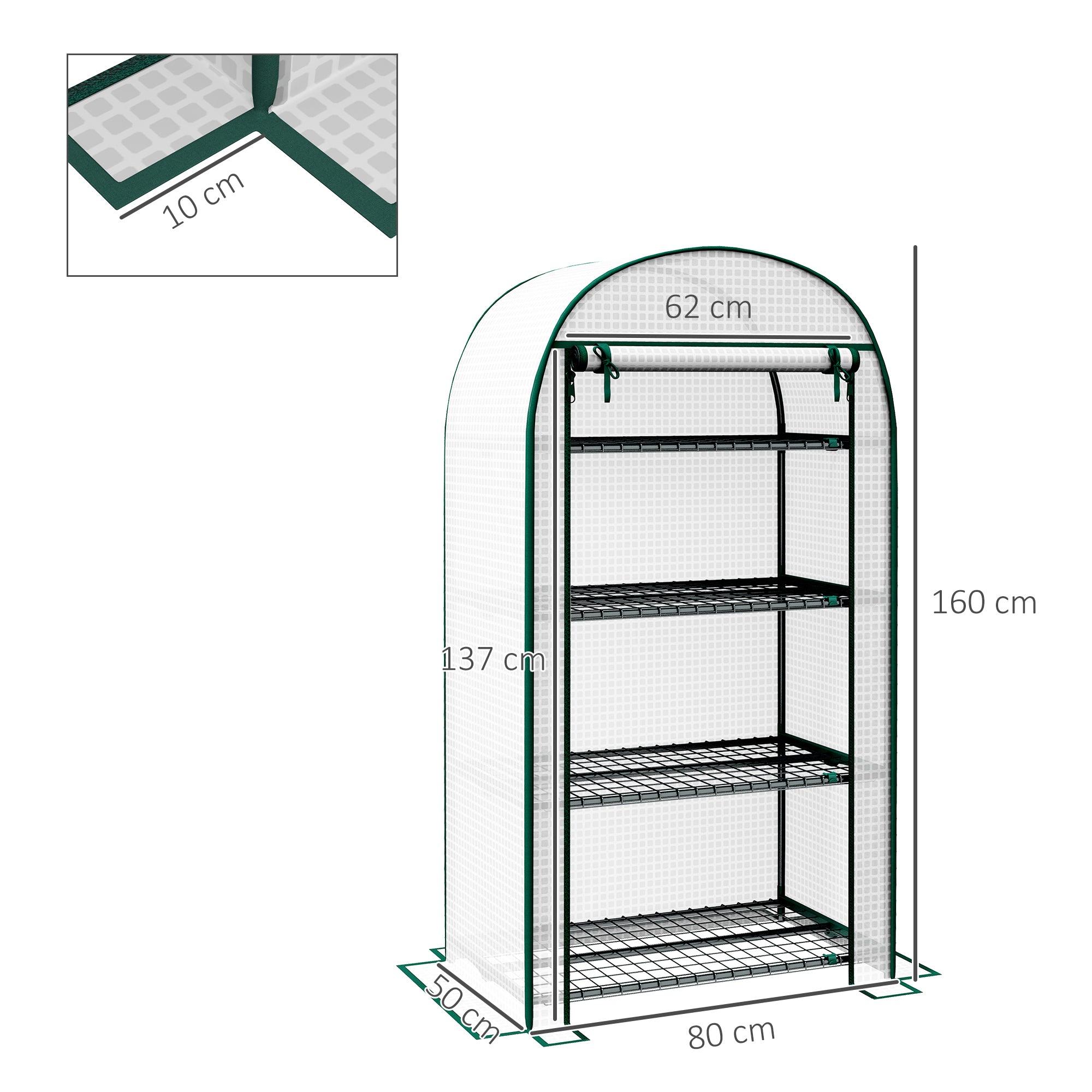 Outsunny 80 x 49 x 160cm Mini Greenhouse for Outdoor, Portable Gardening Plant Green House with Storage Shelf, Roll-Up Zippered Door, Metal Frame and PE Cover, White - North Peak Garden Furniture