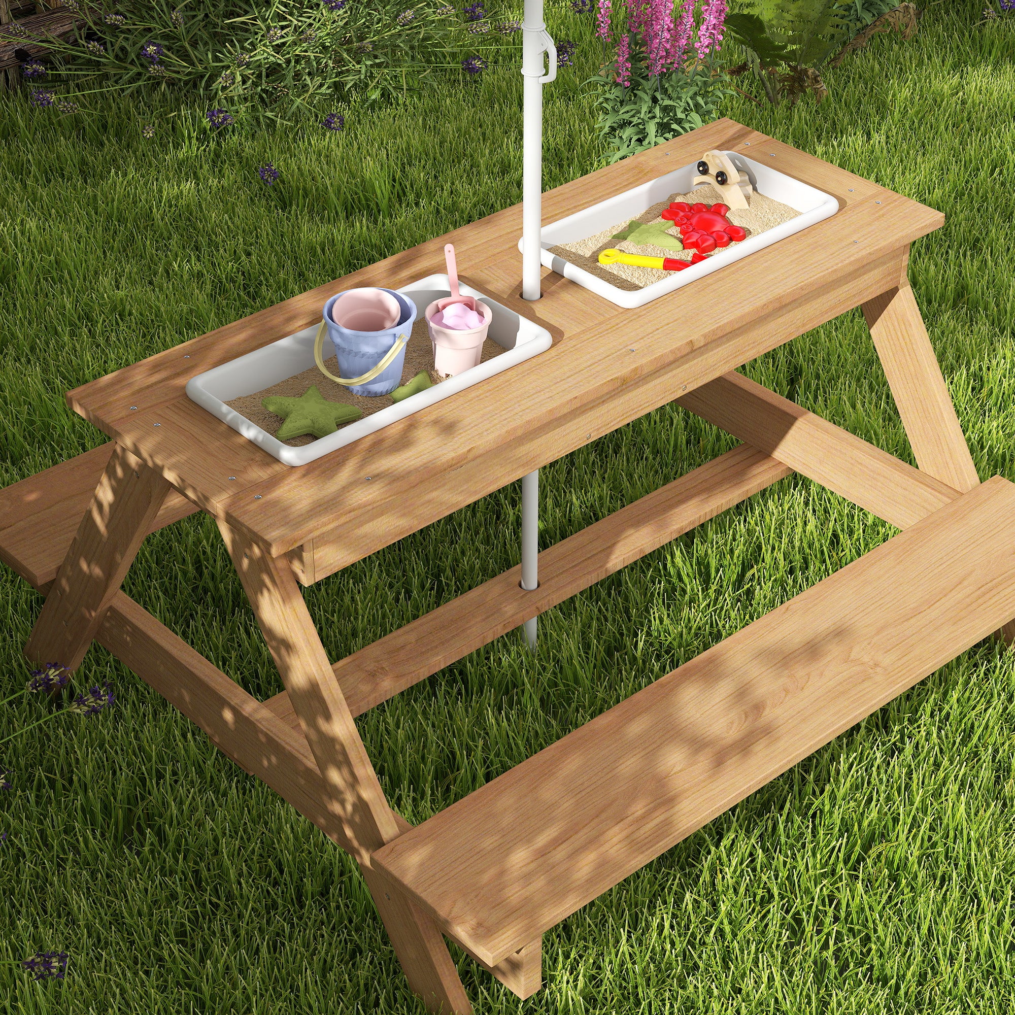 AIYAPLAY Kids Picnic Table, Sand and Water Table with Wooden Benches, Adjustable Parasol and Storage Bins, Multicolour - North Peak Garden Furniture