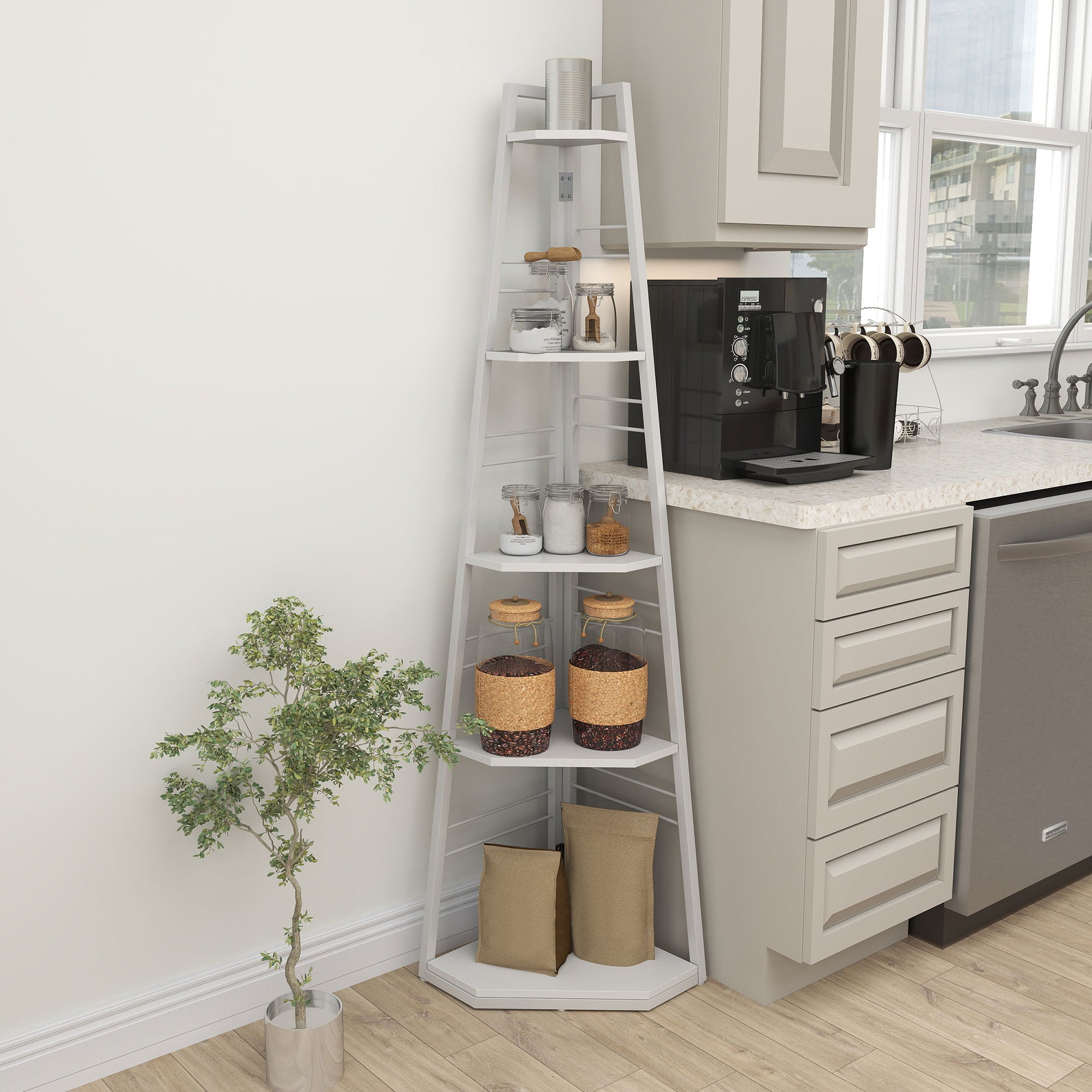HOMCOM Five-Tier Corner Shelf - White - North Peak Garden Furniture