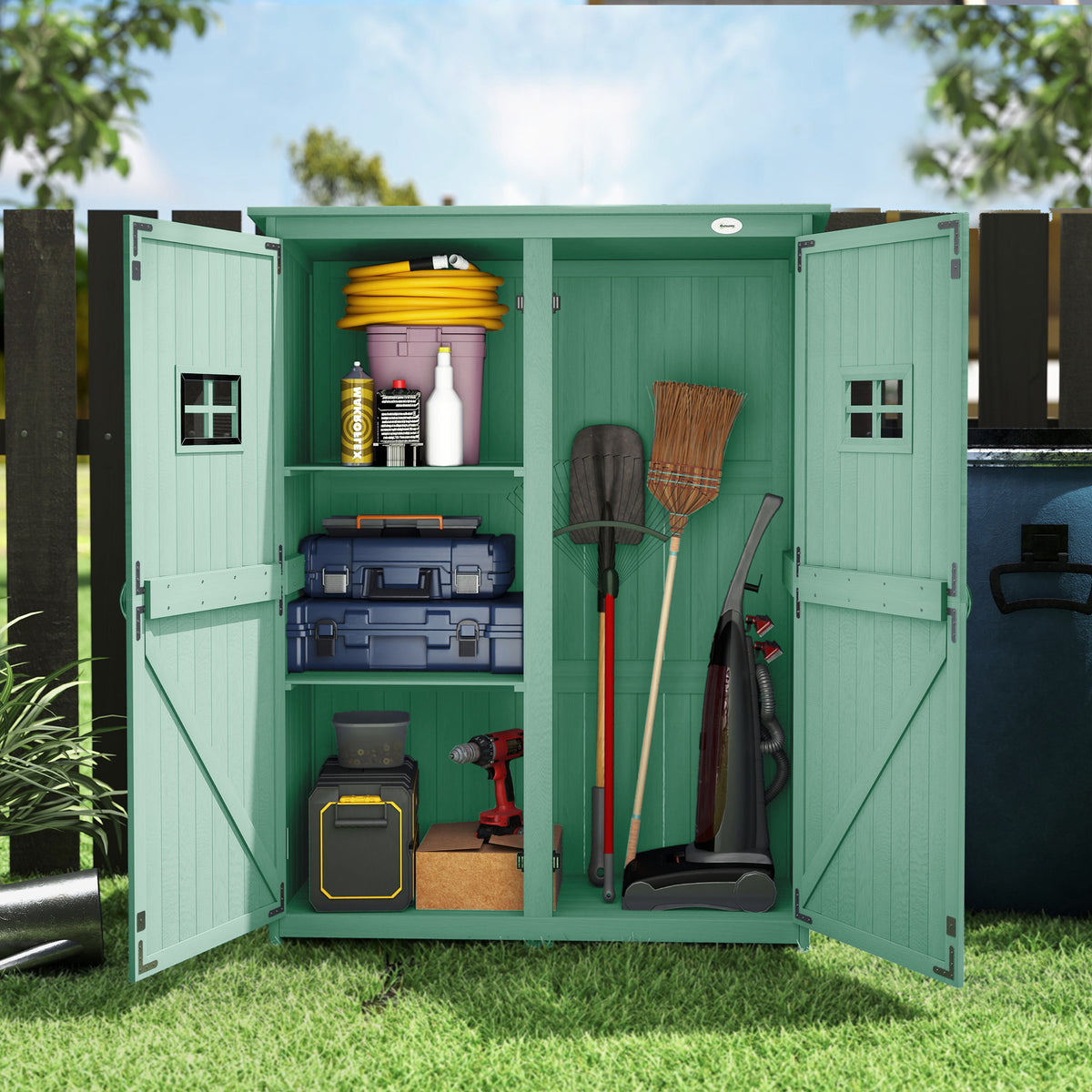 Outsunny Wooden Garden Shed with Two Windows, Tool Storage Cabinet, Outdoor Double Door organiser 127.5W x 50D x 164H cm, Green