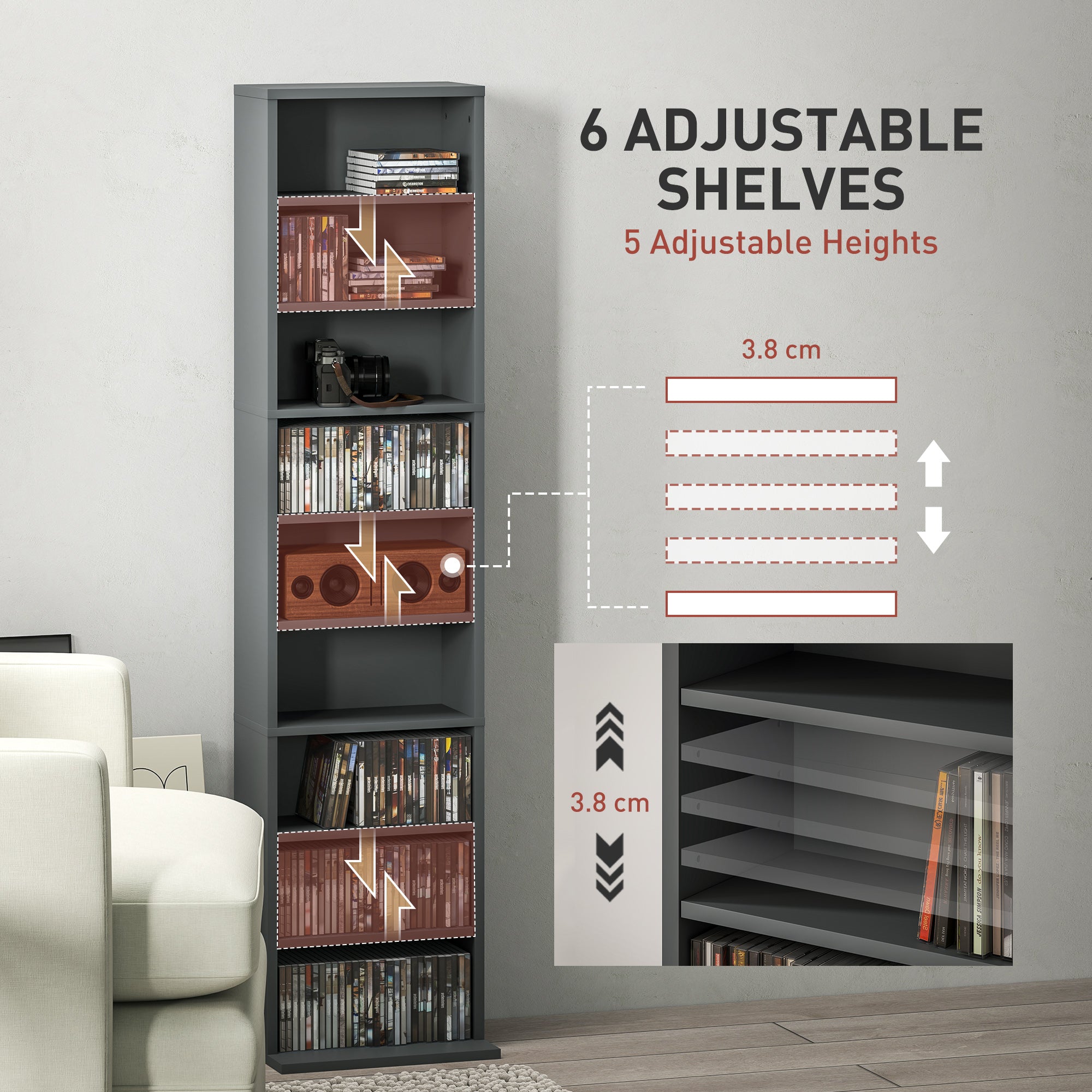 HOMCOM 260 Narrow CD Storage Unit - Grey - North Peak Garden Furniture