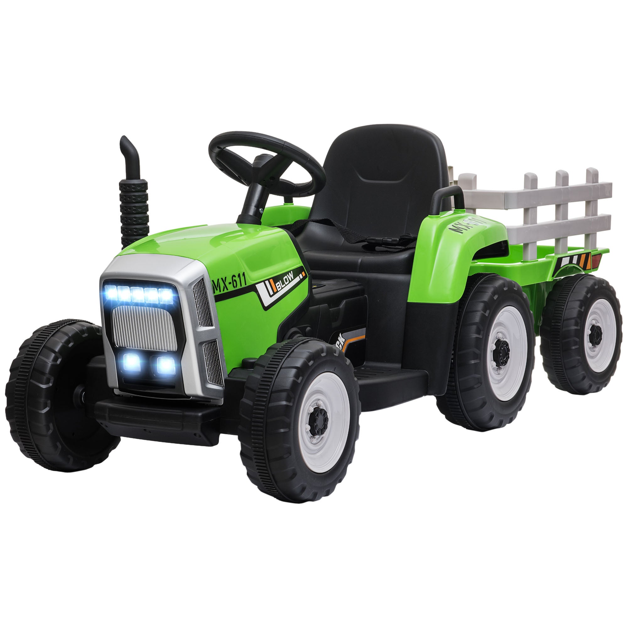 HOMCOM Ride On Tractor, Battery Powered Electric Car, with Detachable Trailer, Remote Control, Music - Green