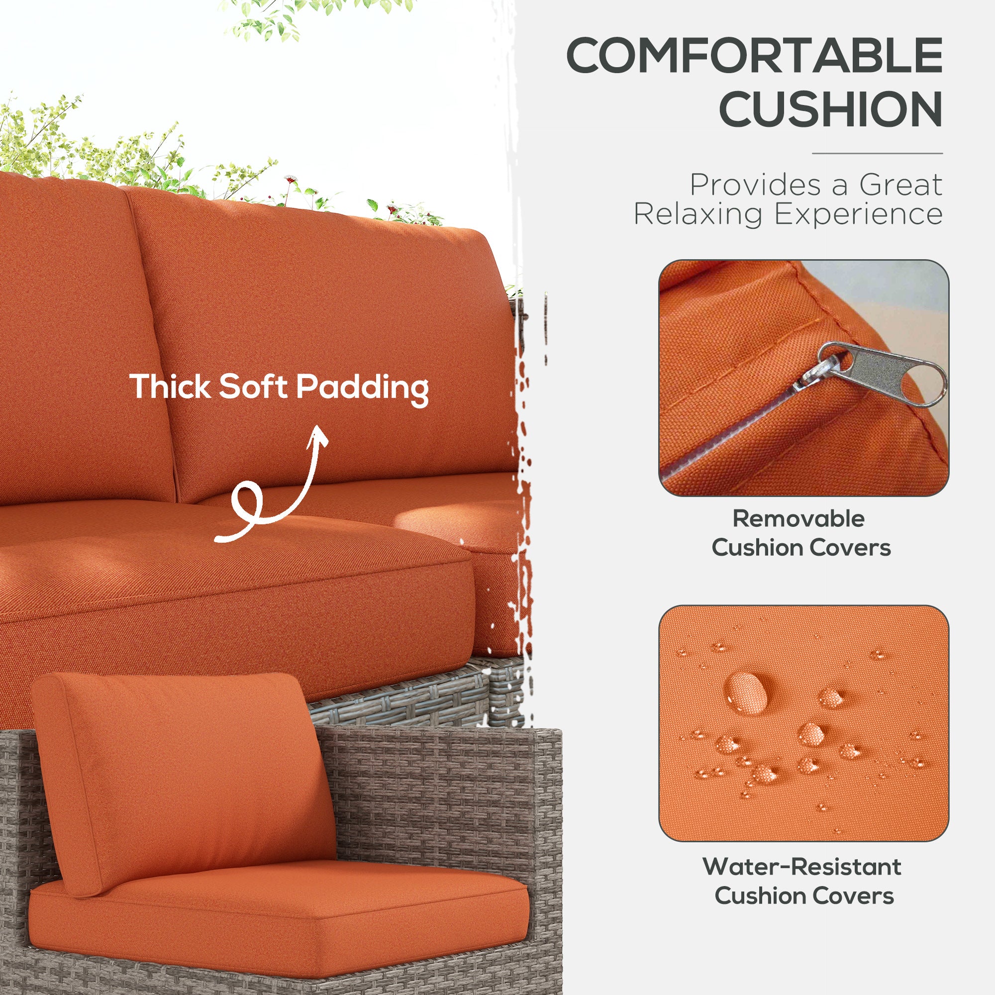 Outsunny Eight-Piece Rattan Garden Set, with Contrast Cushions - Orange/Grey - North Peak Garden Furniture