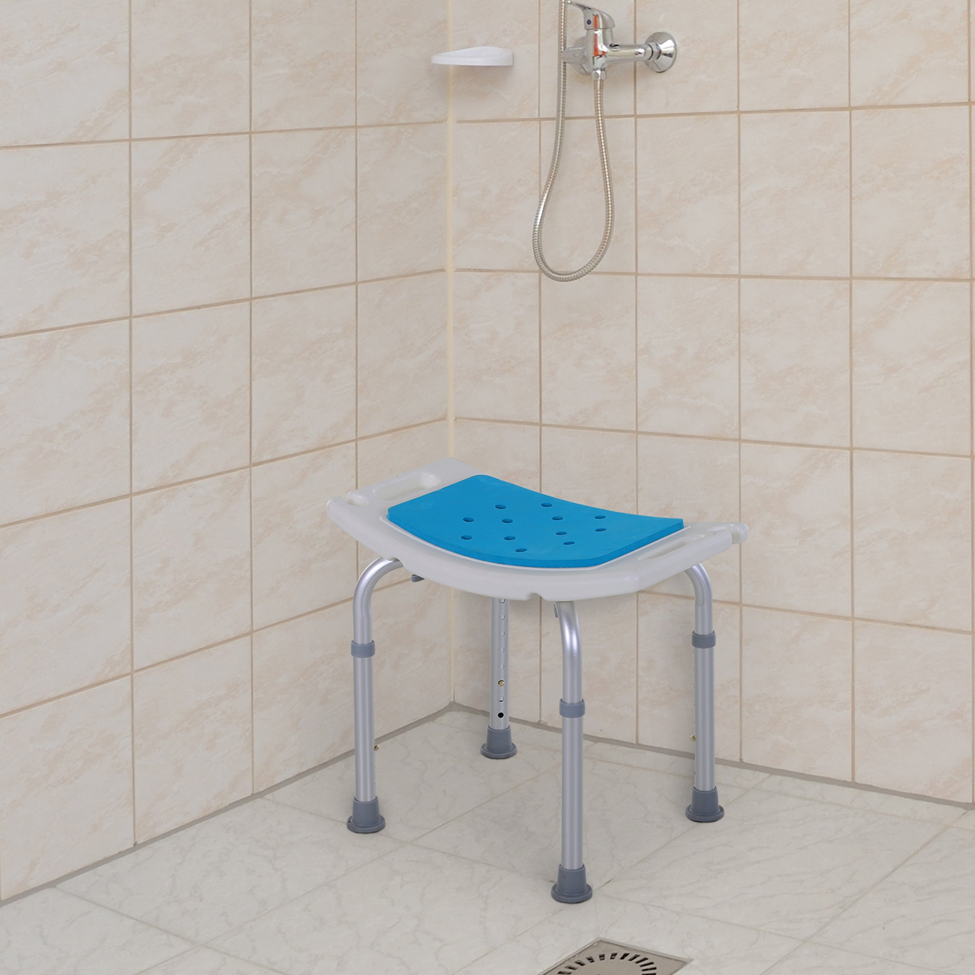 HOMCOM 6-Level Height Adjustable Aluminium Bath Room Stool Chair Shower Non-Slip Design w/ Padded Seat Drainage Holes Foot Pad, Blue