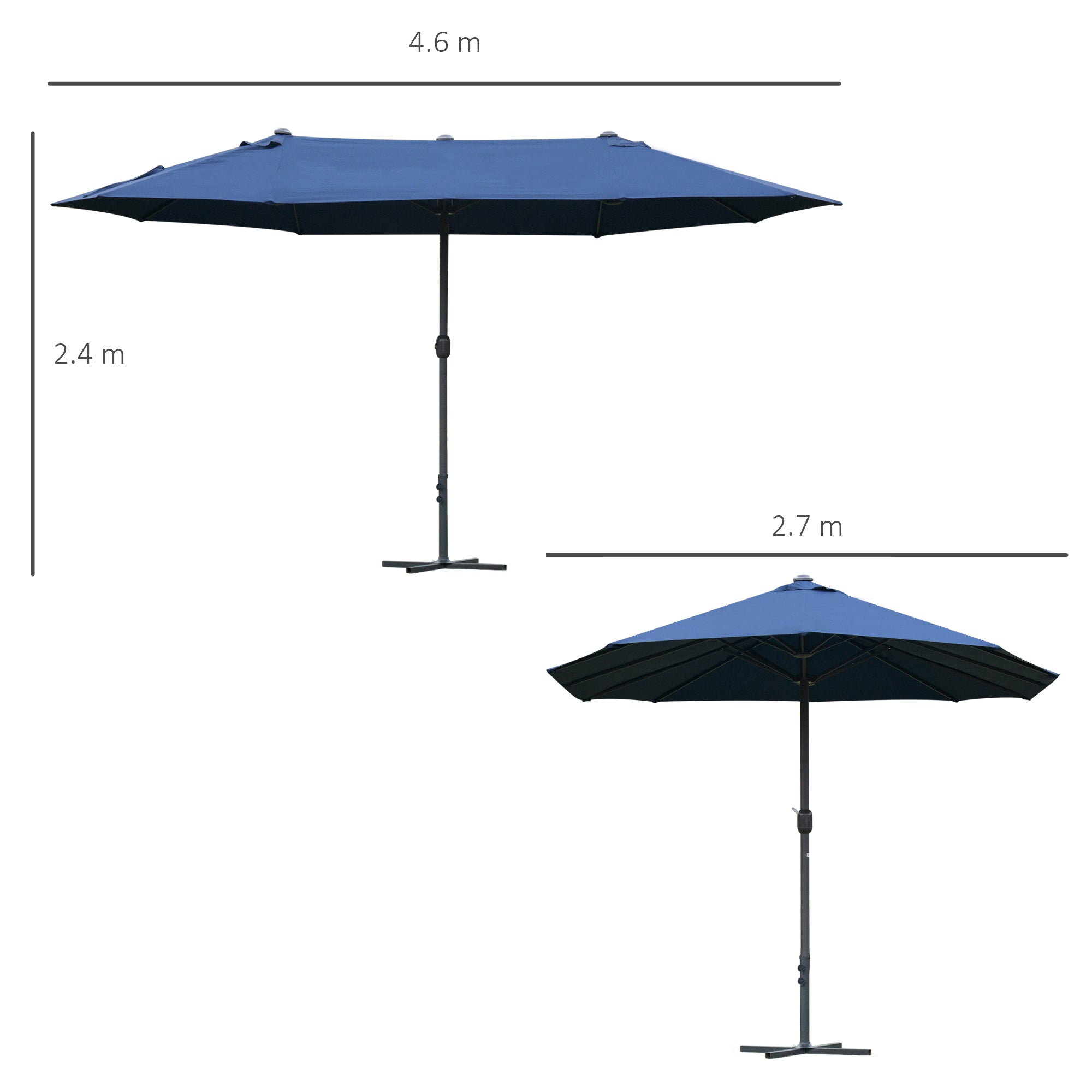 Outsunny 4.6M Sun Umbrella Canopy Double-sided Crank Sun Shade w/ Cross Base Dark Blue - North Peak Garden Furniture