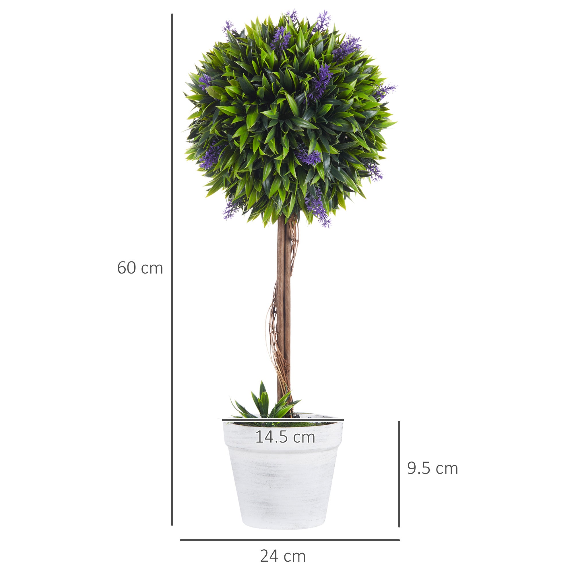 HOMCOM Set of 2 Decorative Artificial Plants Ball Trees with Lavender Flowers in Pot Fake Plants for Home Indoor Outdoor Decor, 60cm, Green