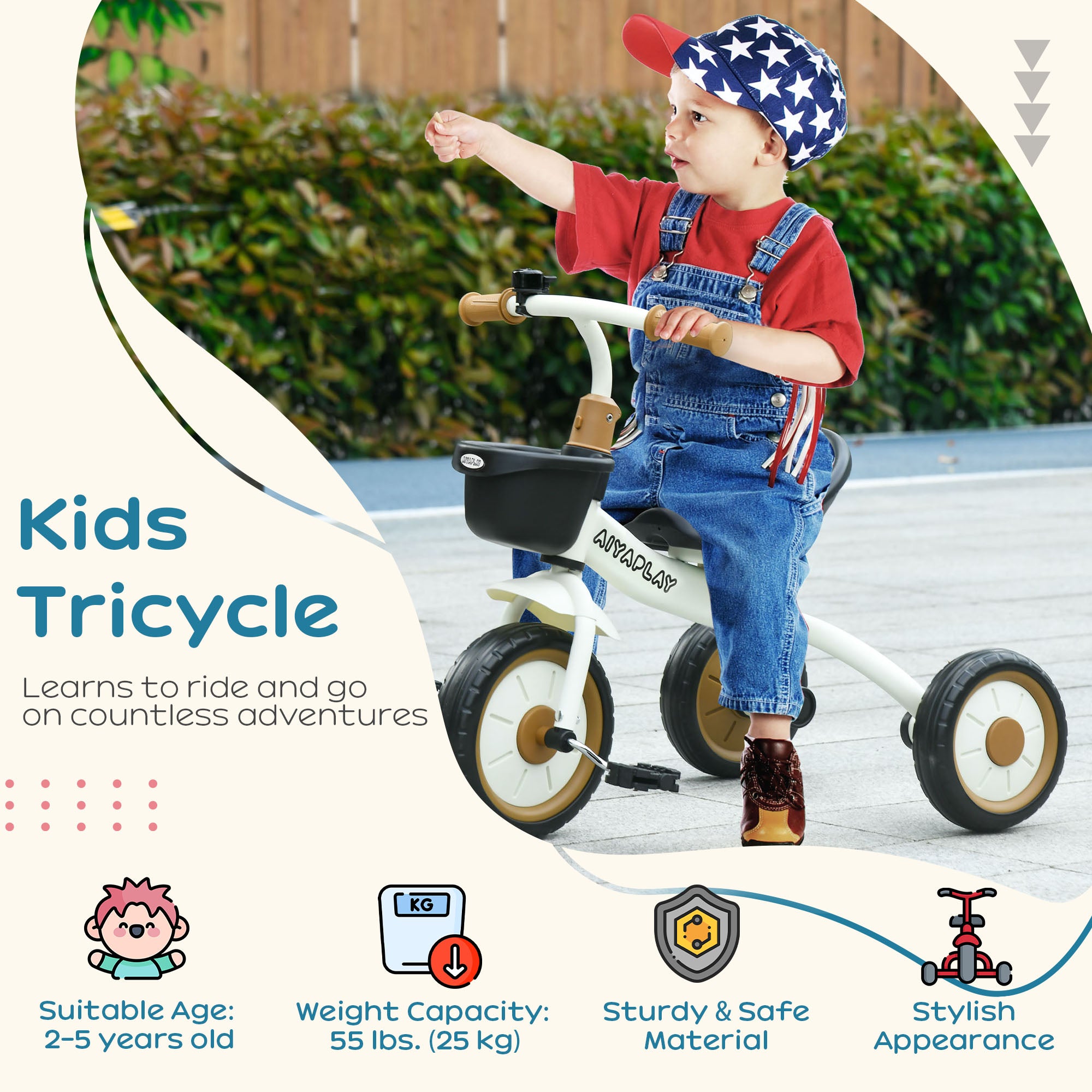 AIYAPLAY Kids Trike, Tricycle, with Adjustable Seat, Basket, Bell, for Ages 2-5 Years - White - North Peak Garden Furniture