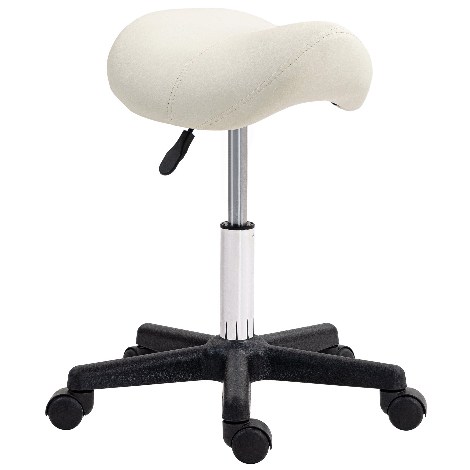 HOMCOM Saddle Stool, PU Leather Adjustable Rolling Salon Chair with Steel Frame for Massage, Spa, Beauty and Tattoo, White - North Peak Garden Furniture