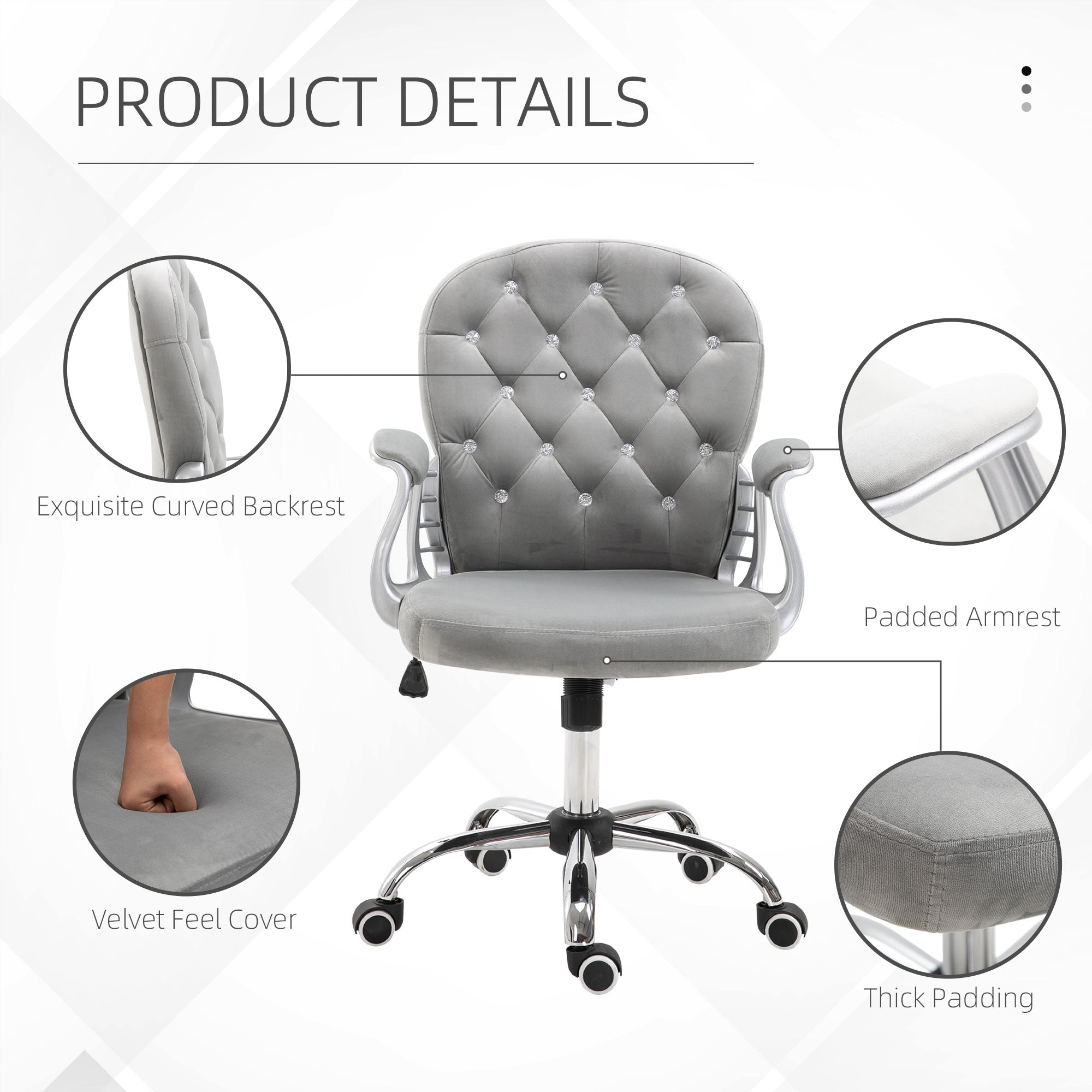 Vinsetto Office Chair, Swivel Desk Chair, Velvet Vanity Chair with Adjustable Height and Rolling Wheels for Home Work Study, Grey - North Peak Garden Furniture