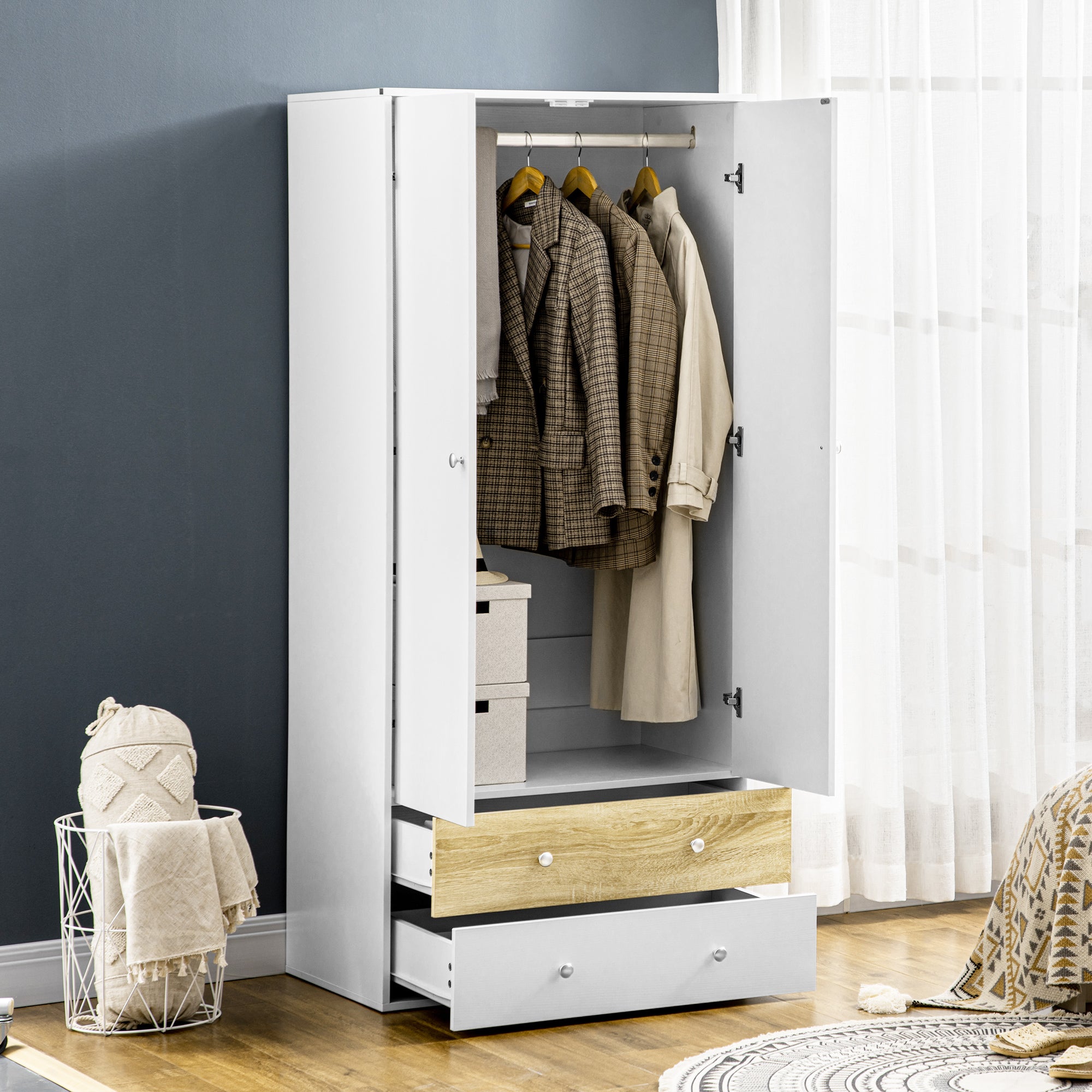 HOMCOM 2-Door Wardrobe with 2 Drawers, Hanging Rod and Anti-tipping Straps for Bedroom Clothes Storage Organisation, White - North Peak Garden Furniture
