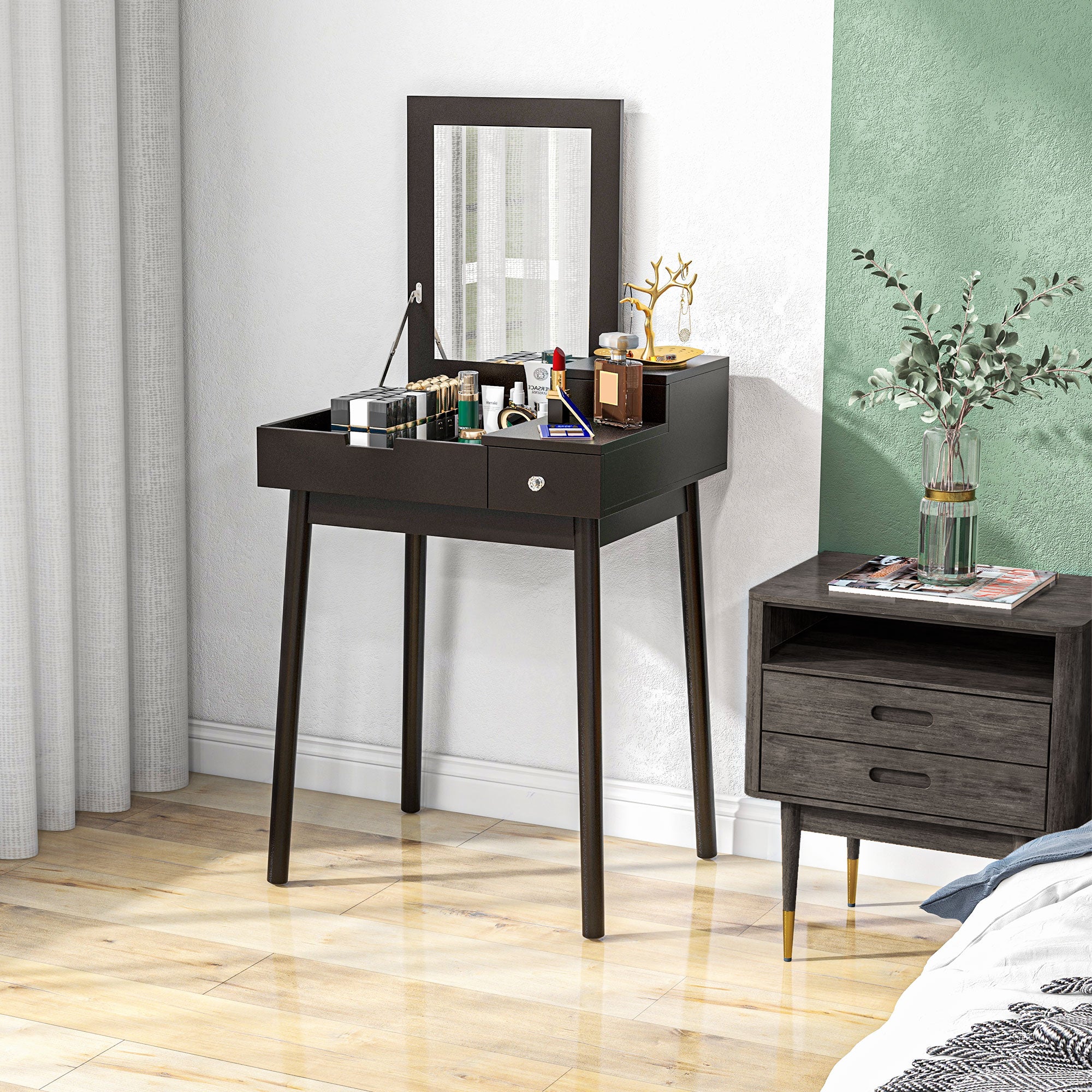HOMCOM Dressing Table with Flip-up Mirror, Makeup Desk with 2 Drawers, Vanity Table Writing Desk for Bedroom Living Room, Black - North Peak Garden Furniture