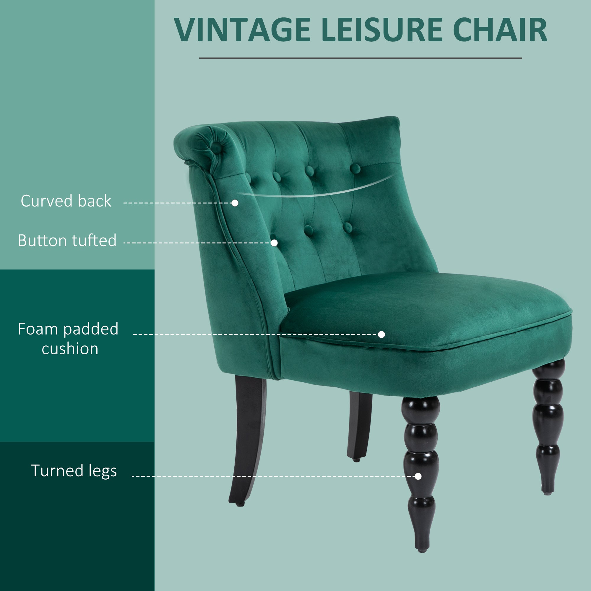 HOMCOM Velvet-Feel Wingback Accent Chair, with Wooden Legs - Green - North Peak Garden Furniture