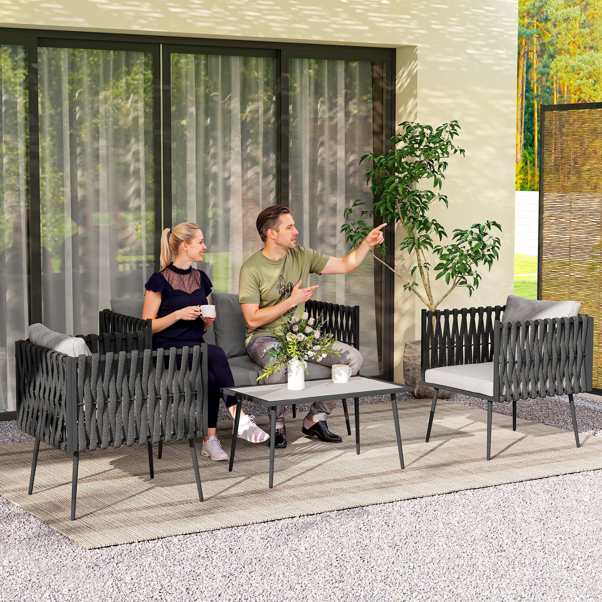 Outsunny 4-Piece Garden Furniture Set with Cushions - Light Grey - North Peak Garden Furniture
