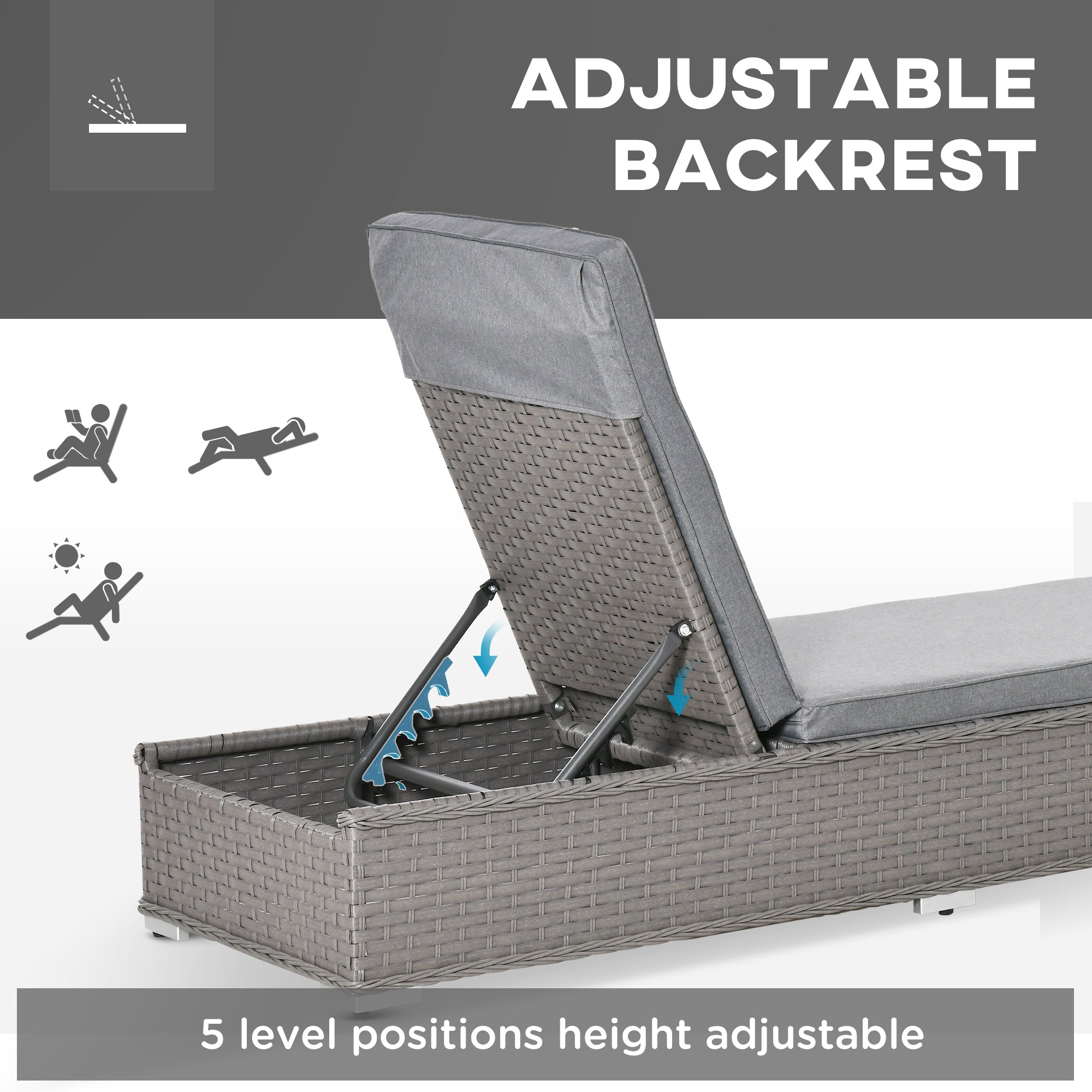 Outsunny 3PC Rattan Sun Lounger, Garden Furniture with Side Table, 5-Position Adjustable Recline Chair, Grey - North Peak Garden Furniture