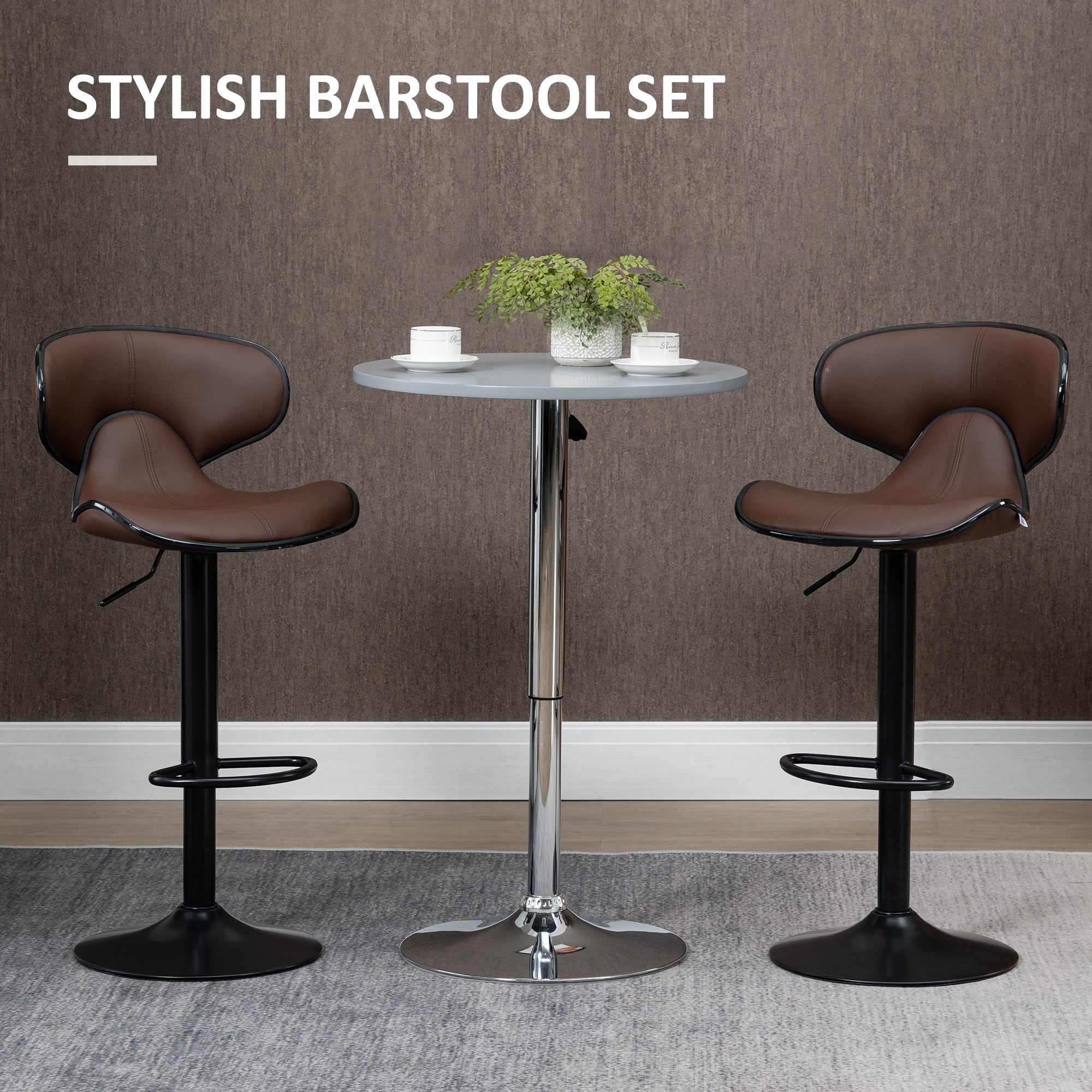 HOMCOM Adjustable Swivel Bar Stools Set of 2, Barstools with Footrest and Backrest, Steel Frame Gas Lift, for Kitchen Counter Dining Room, Brown - North Peak Garden Furniture
