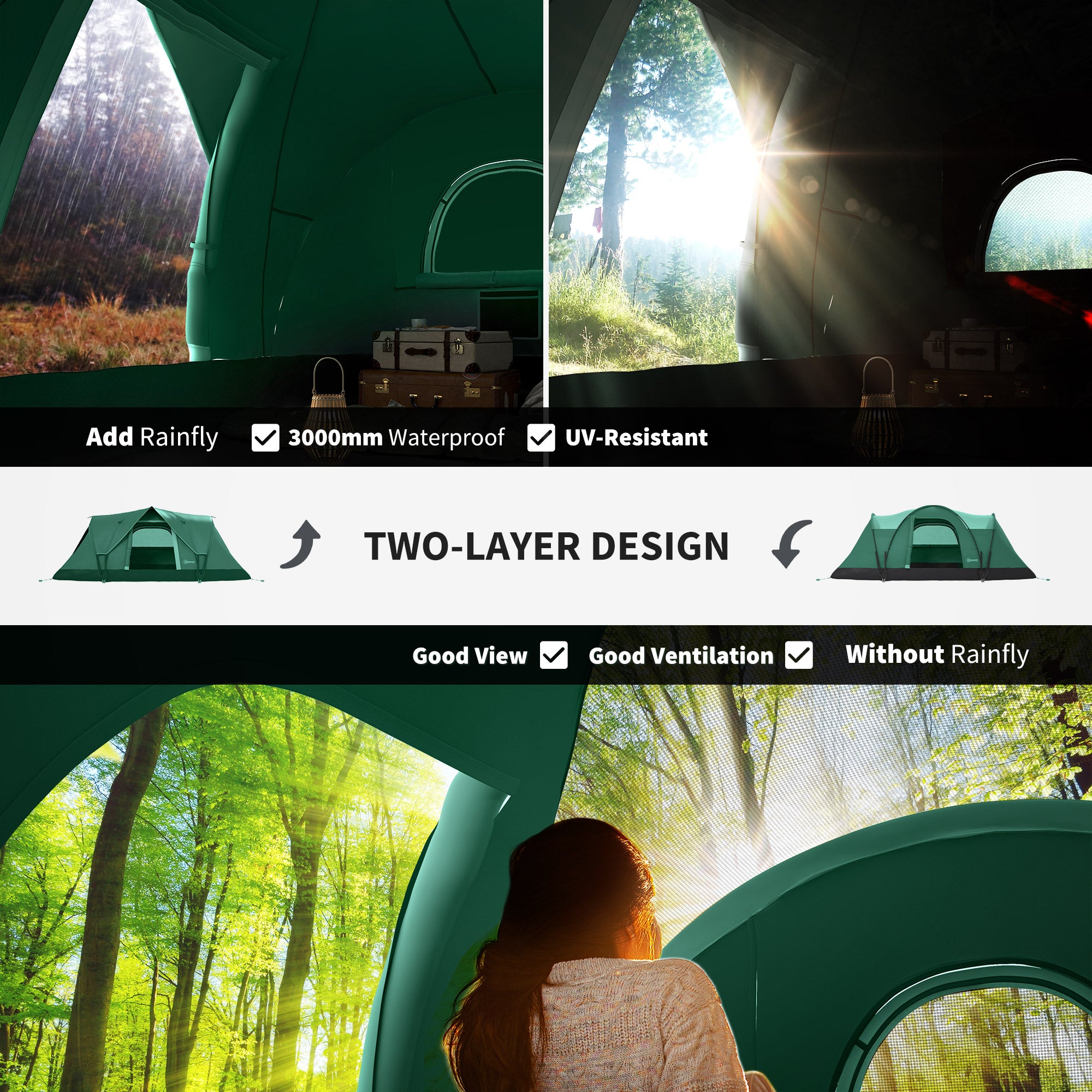 Outsunny 5-6 Man Dome Camping Tent Hiking Shelter UV Protection 3000mm Water Resistant Tunnel Tent - Dark Green