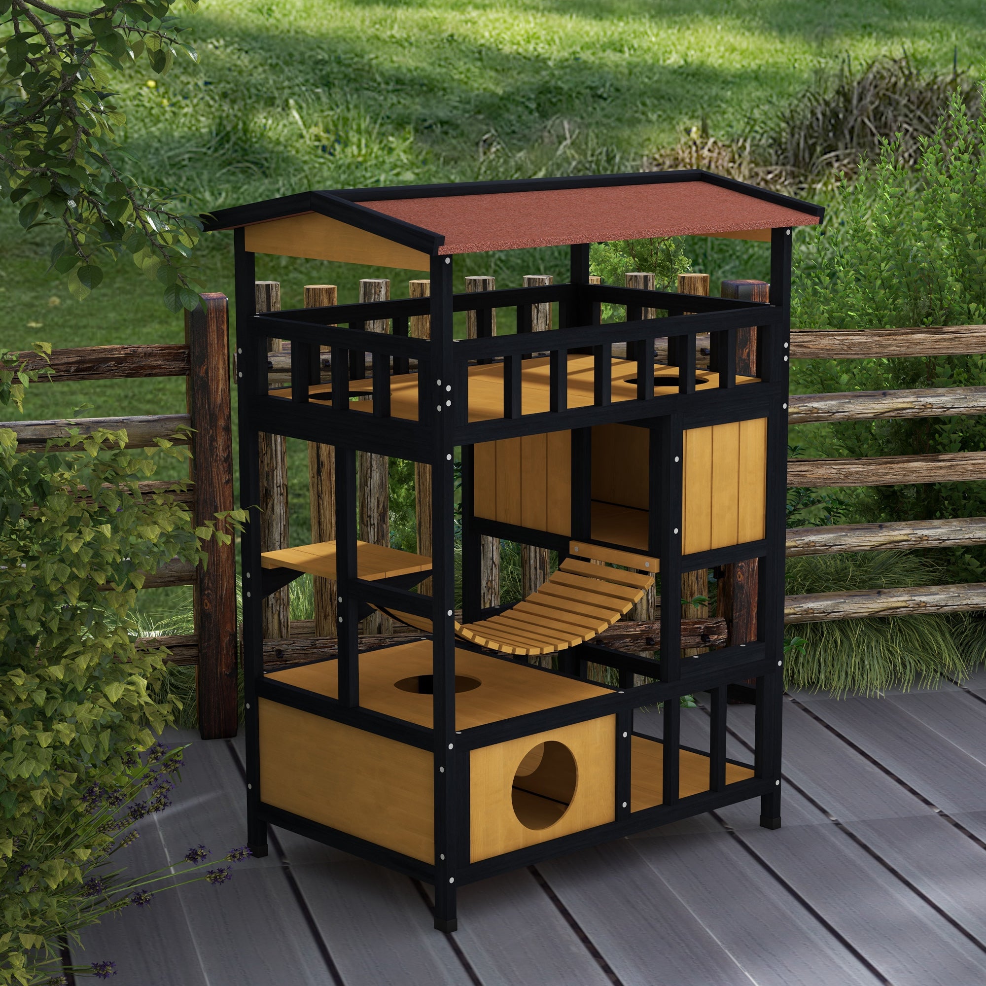 PawHut Outdoor Cat Shelter, Four-Tier Wooden Feral Cat House, with Suspension Bridge, Cat Houses, Balcony, Escape Doors