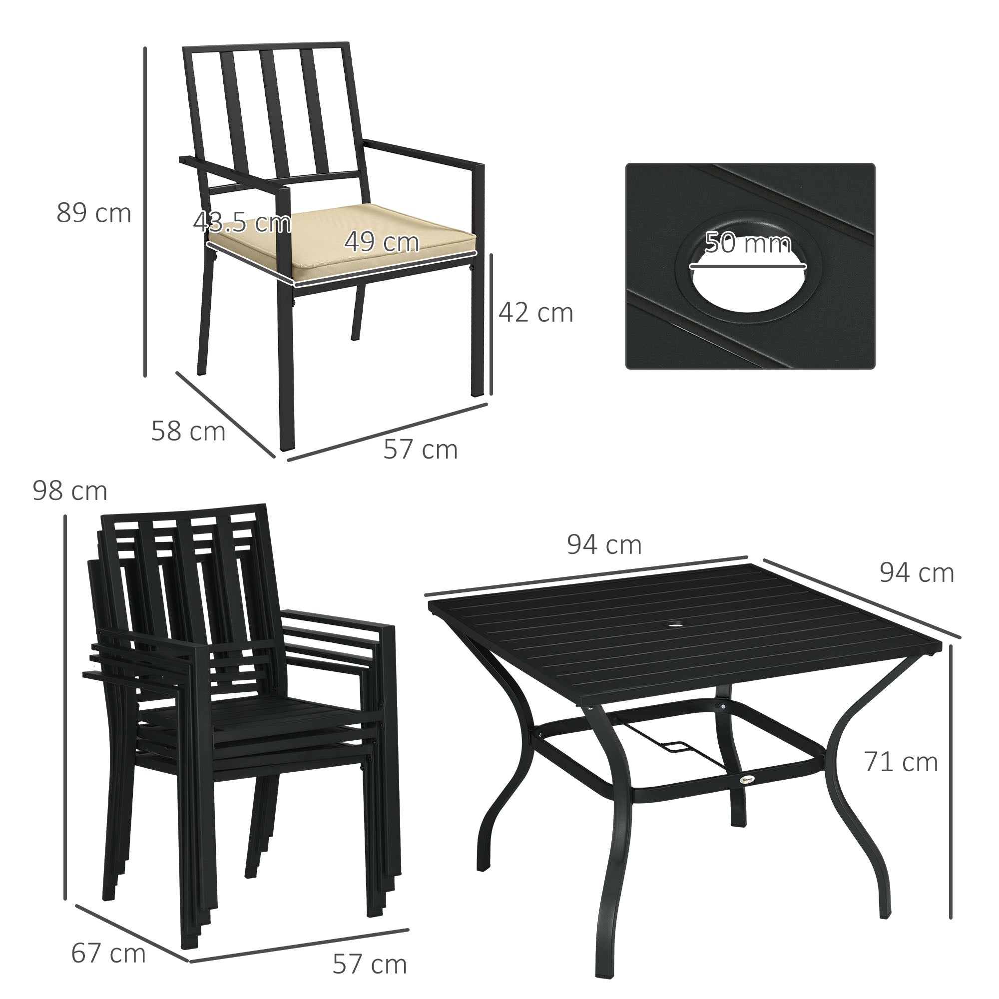 Outsunny 5 Pieces Garden Dining Set with Cushions, Outdoor Patio Table and 4 Stackable Chairs, Metal Top Table with Umbrella Hole, Black - North Peak Garden Furniture