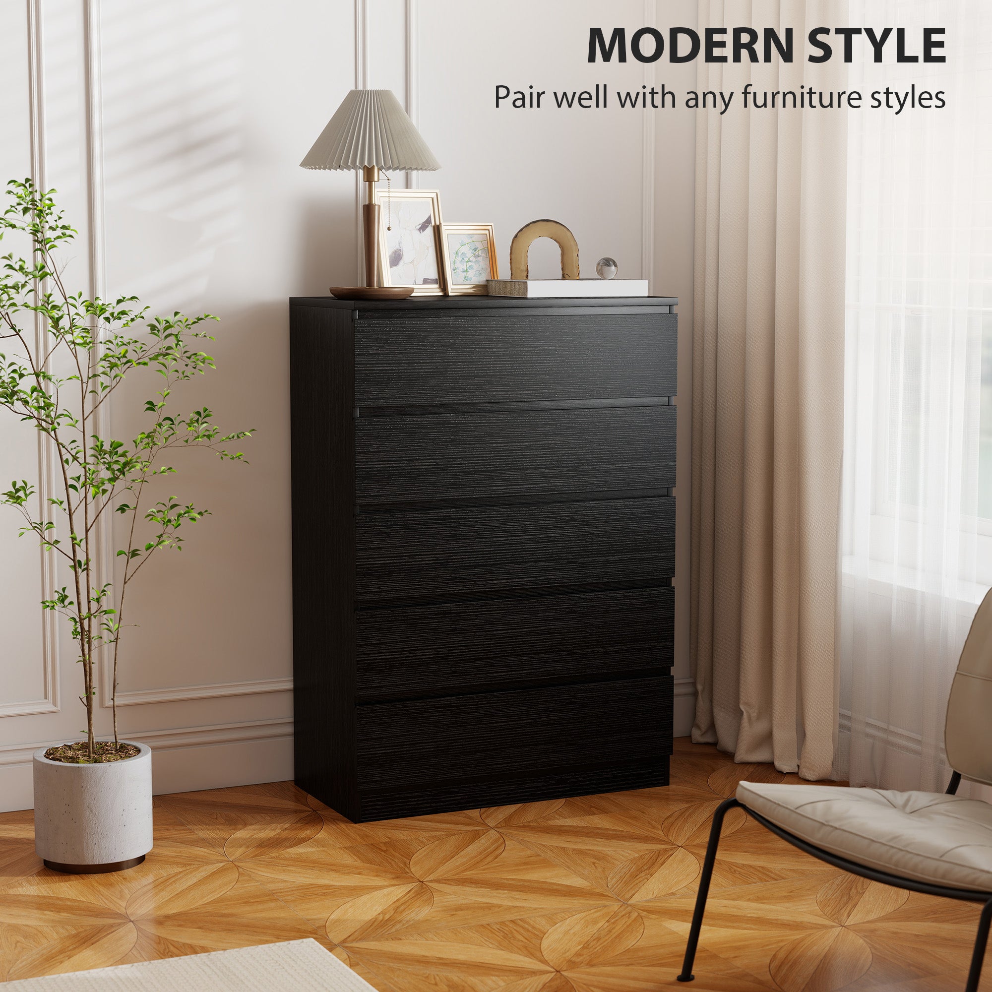 HOMCOM Chest of Drawers, 5 Drawer Dresser, Modern Storage Cabinet with 5 Drawers, for Bedroom, Living Room, Black
