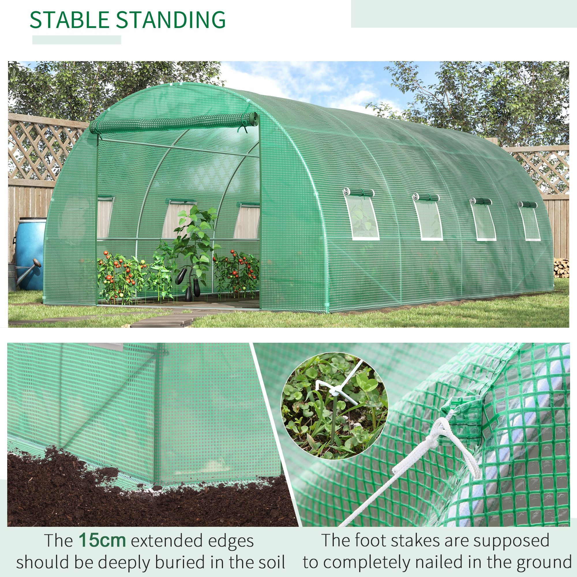 Outsunny Walk-in Polytunnel Greenhouse, Outdoor Garden Tunnel Greenhouse Tent with Zipped Roll-Up Door and 8 Mesh Windows, 6 x 3M