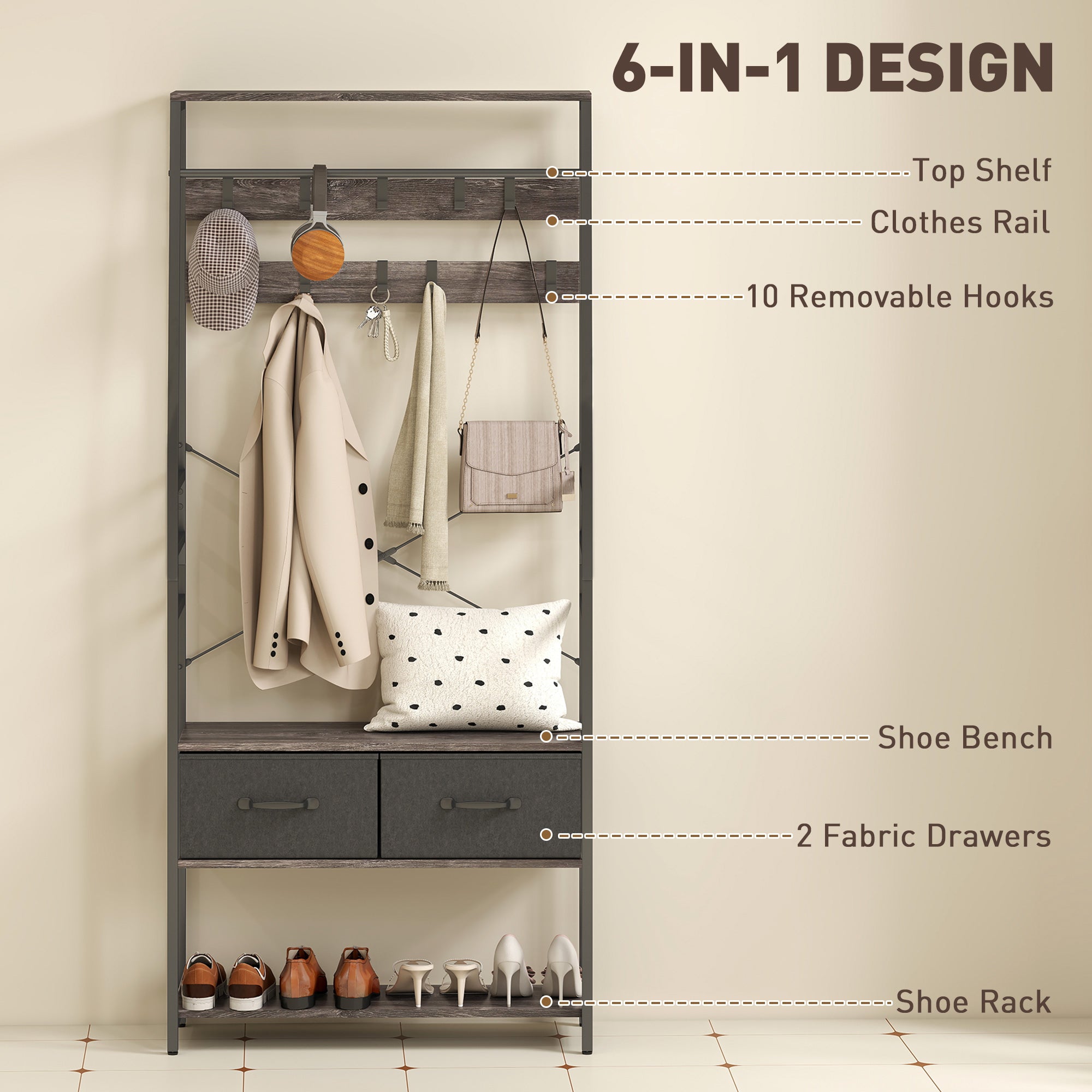 HOMCOM Coat Rack with Shoe Storage, Hall Tree, Industrial Coat Stand with Shoe Bench, 10 Removable Hooks, 2 Fabric Drawers and Clothes Rail for Entryway, Hallway, Grey