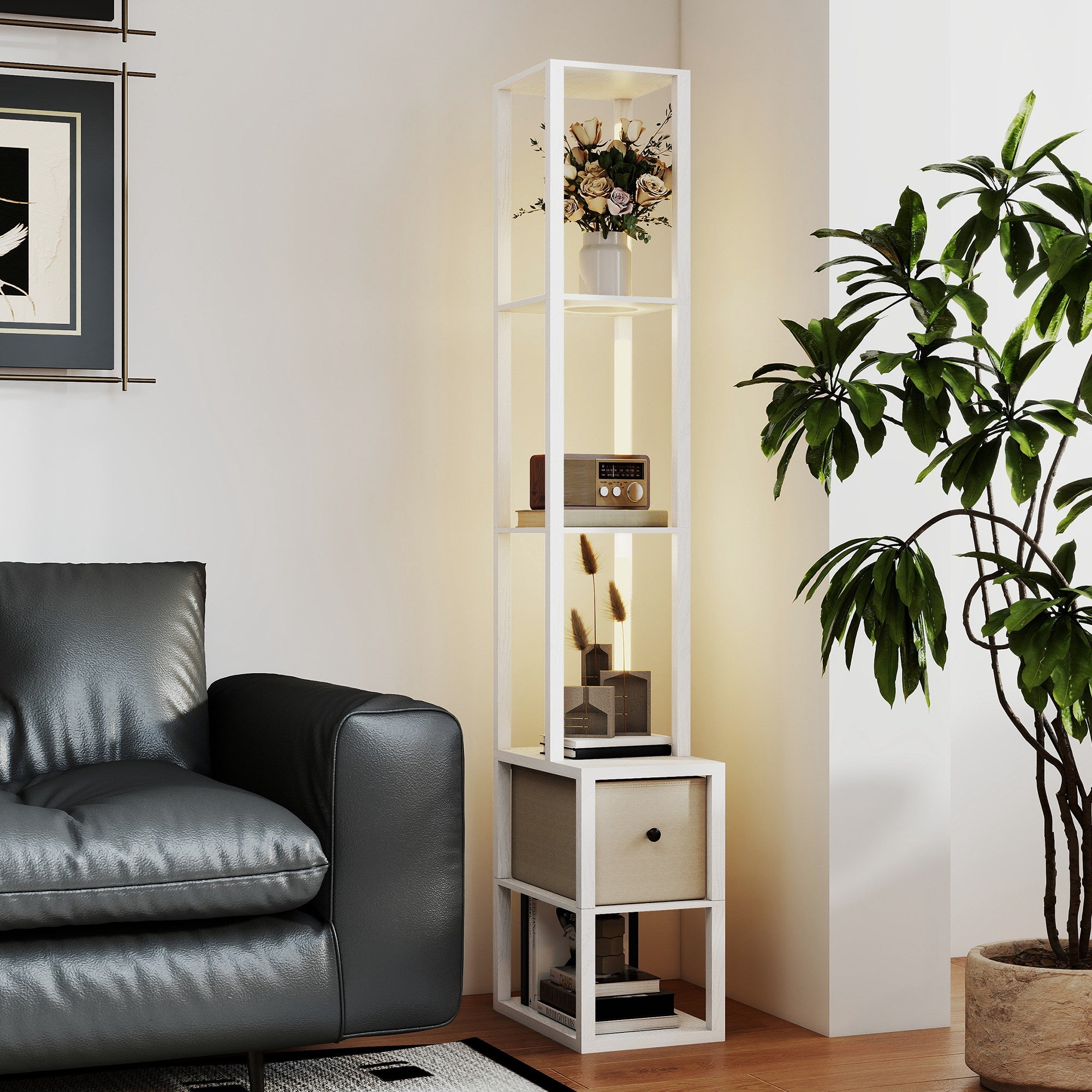 HOMCOM Floor Lamp with Shelves, LED Column Modern Standing Lamp with Fabric Drawer, Adjustable Brightness, Foot Switch for Living Room, Bedroom, Office, White