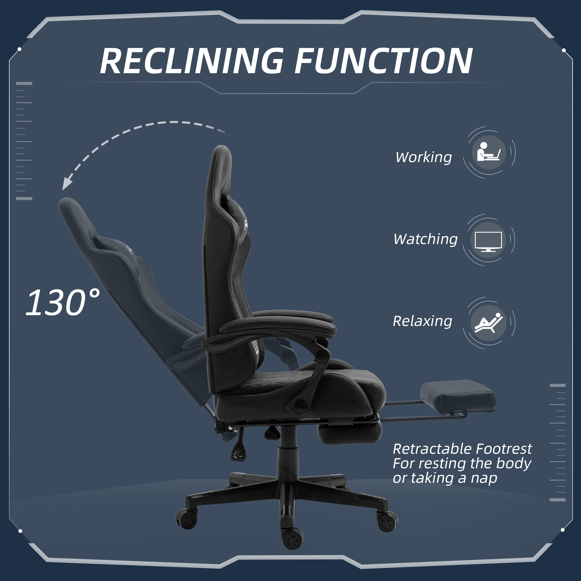 Vinsetto Computer Gaming Chair with Footrest, Video Gaming Chair for Adults with 130° Reclining Back, Desk Chair with Lumbar Support and Adjustable Height, Black - North Peak Garden Furniture