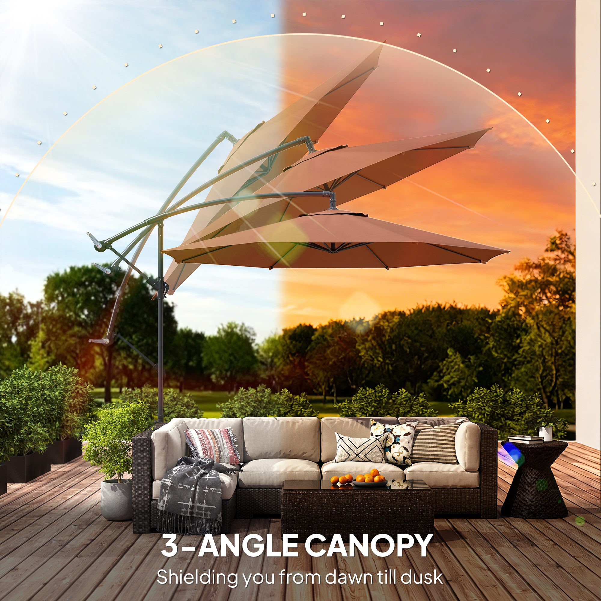Outsunny 3 m Overhanging Cantilever Parasol, with Cross Base - Coffee