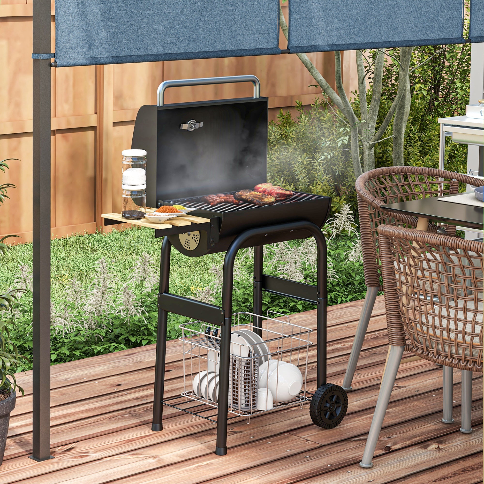 Outsunny Charcoal BBQ, with Thermometer, Shelves and Wheels