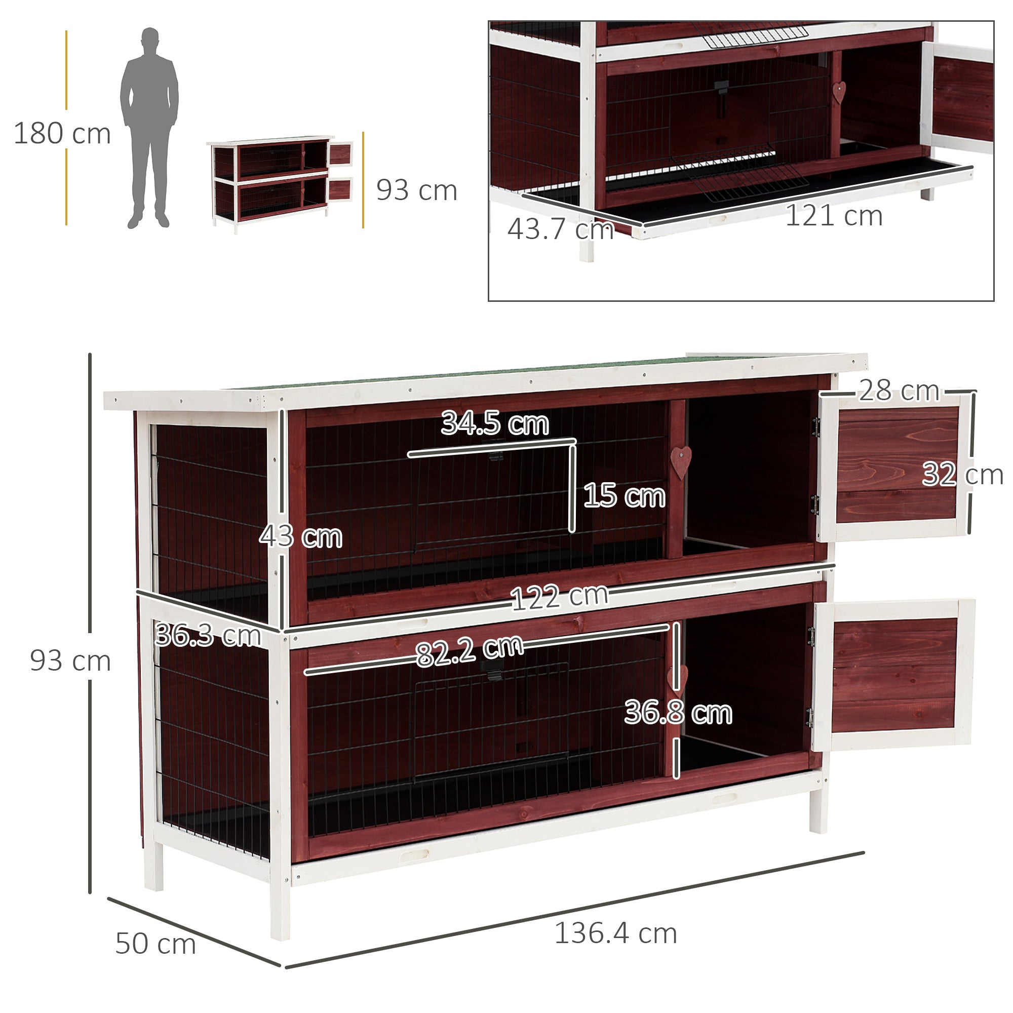 PawHut Rabbit Hutch Outdoor 2-Tier Guinea Pig Cage Bunny House Cage with No-Leak Trays for Indoor and Outdoor 136 x 50 x 93cm - North Peak Garden Furniture