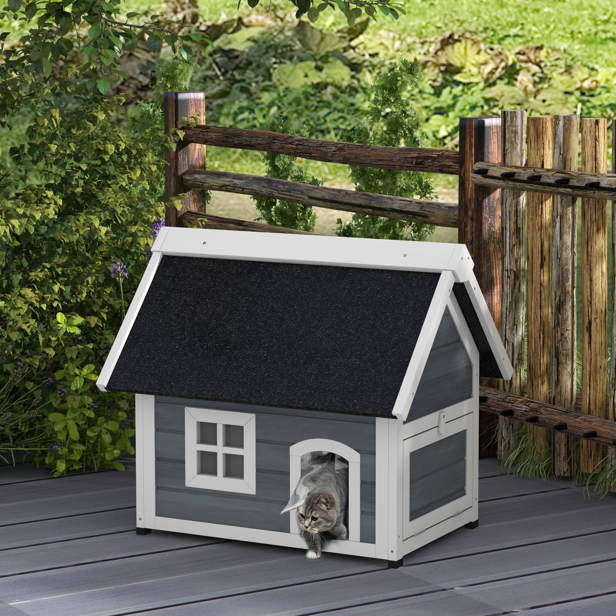PawHut Outdoor Cat House, Wooden Feral Cat Shelter, with Openable Asphalt Roof, Three Doors - Grey - North Peak Garden Furniture