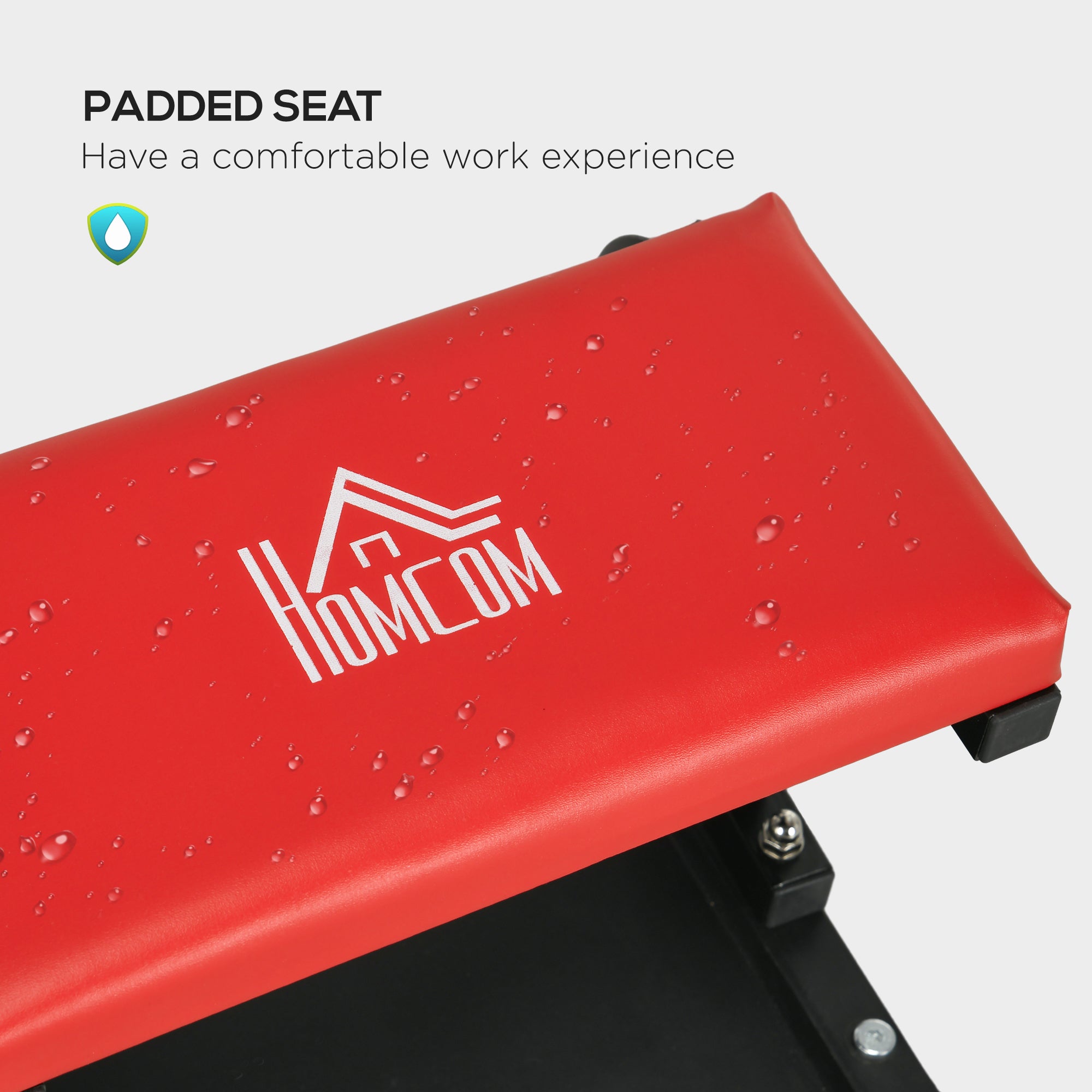 HOMCOM Workshop Stool, Rolling Mechanic Stool with 360 Degree Swivel, Padded Seat, Tool Tray, for Garage, Workshop, Auto Repair, Red - North Peak Garden Furniture