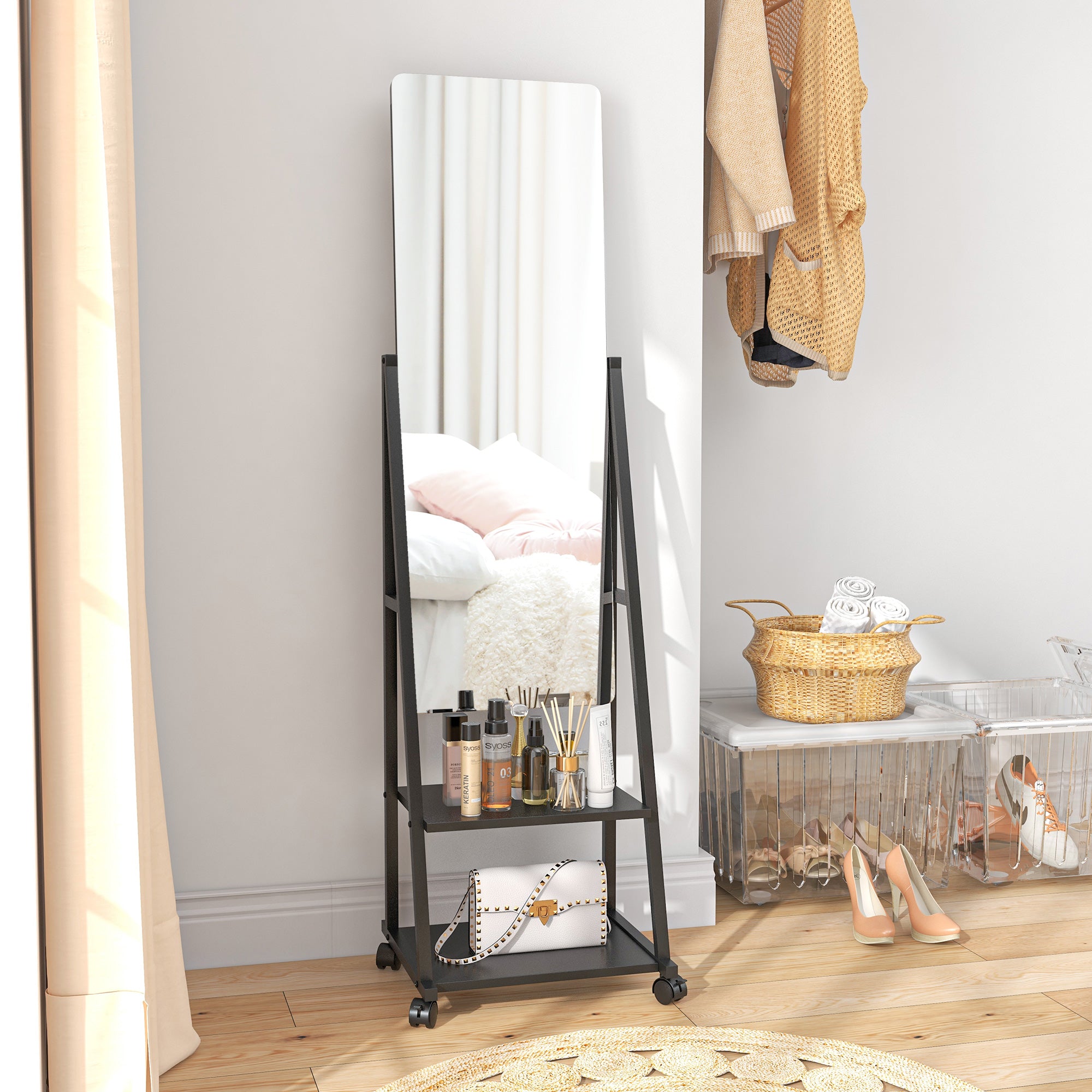 HOMCOM Free Standing Dressing Mirror, Rolling Full Length Mirror on Wheels with Adjustable Angle, Storage Shelves for Bedroom - North Peak Garden Furniture