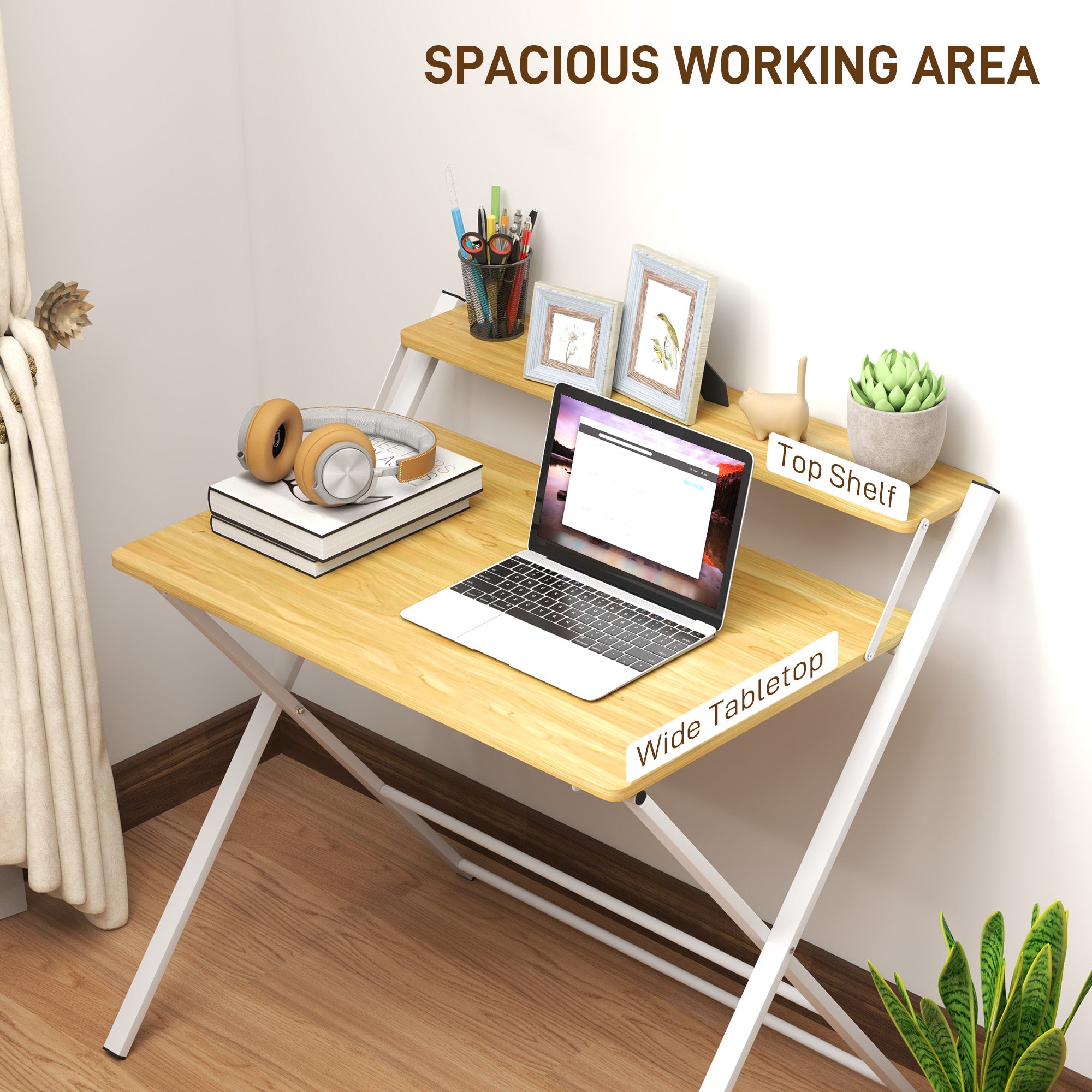 HOMCOM Compact Folding Desk for Small Spaces, Foldable Computer Desk with Storage Shelf for Home Office, 2-Tier Study Writing Table, 86 x 66 x 82 cm, Maple Wood-effect - North Peak Garden Furniture